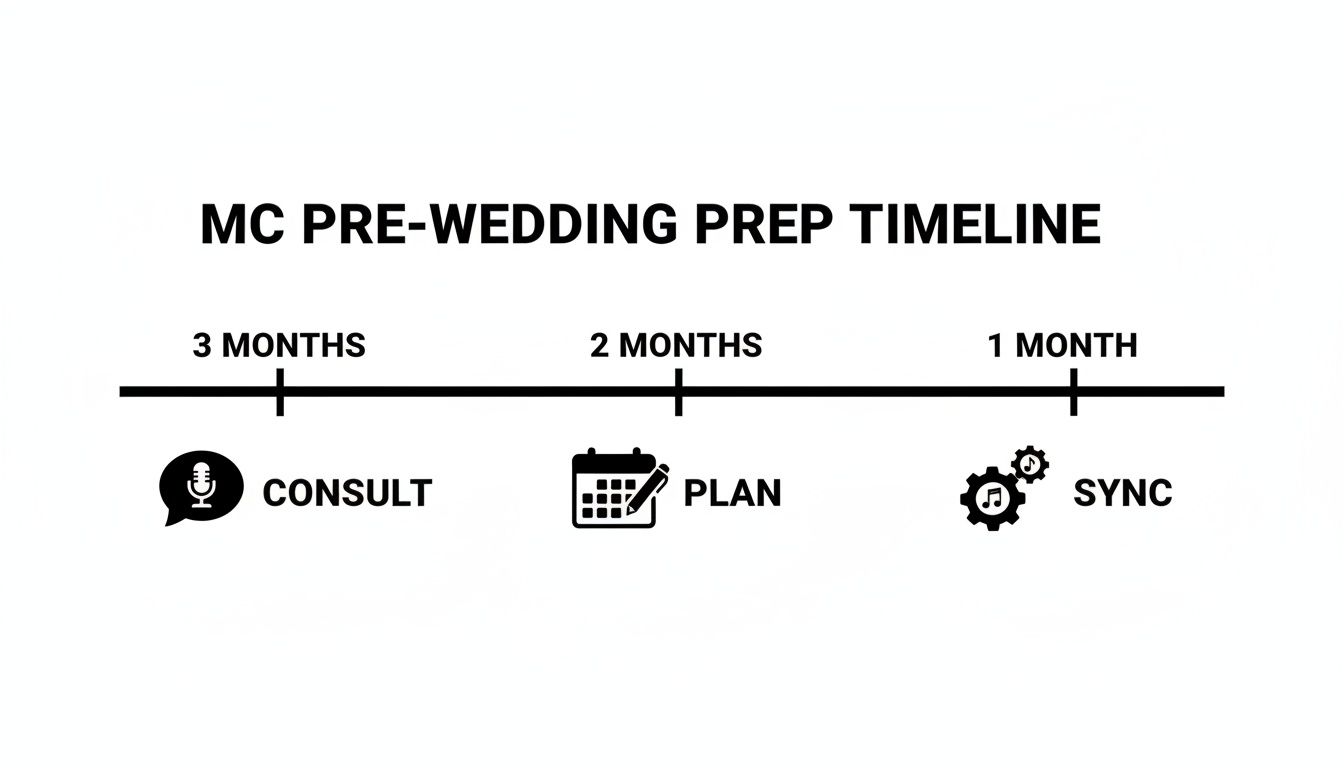MC pre-wedding prep timeline with stages: consult (3 months), plan (2 months), and sync (1 month).