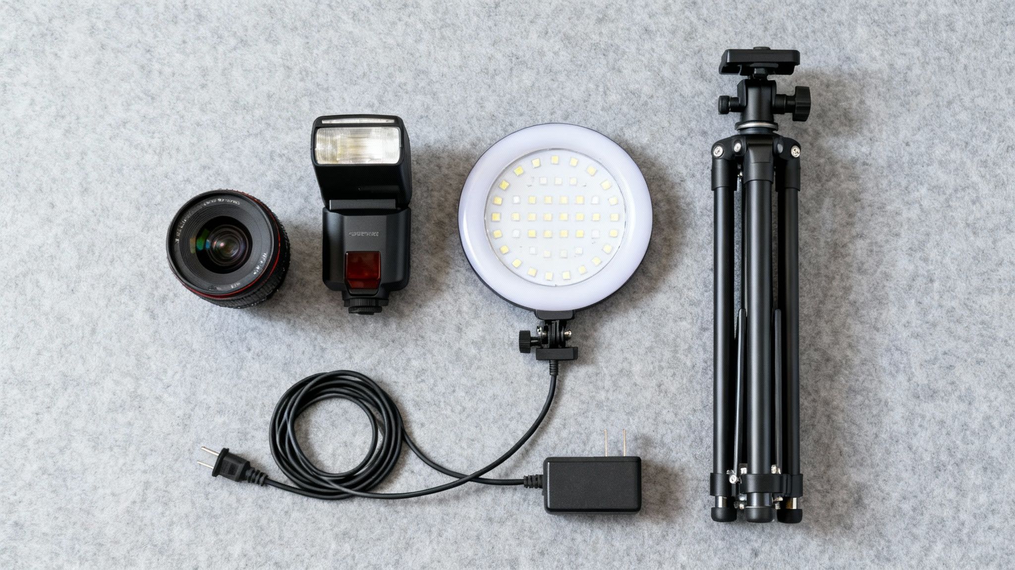 A professional photo booth setup with a camera, ring light, and backdrop.