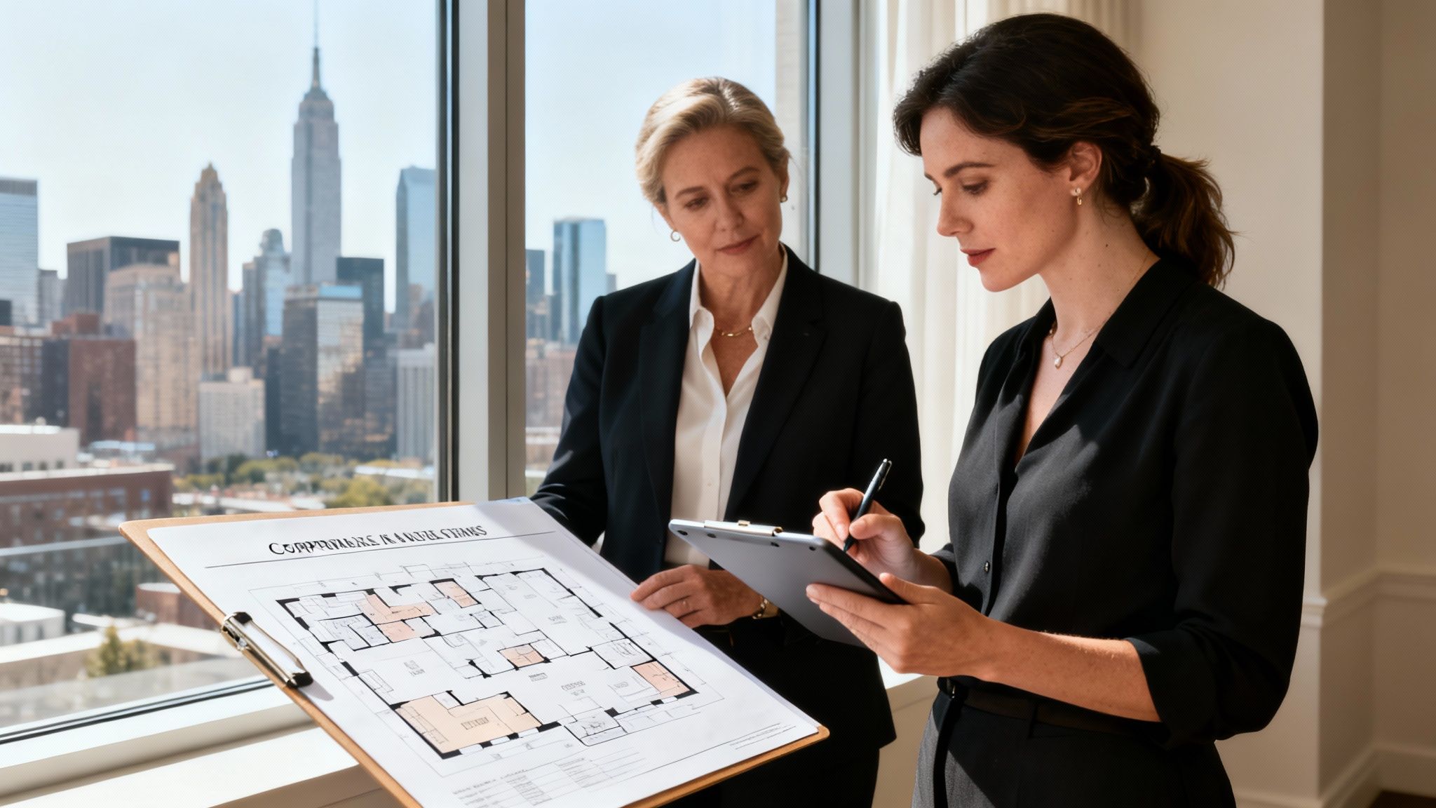 Two businesswomen reviewing architectural plans in a high-rise office with a city view.