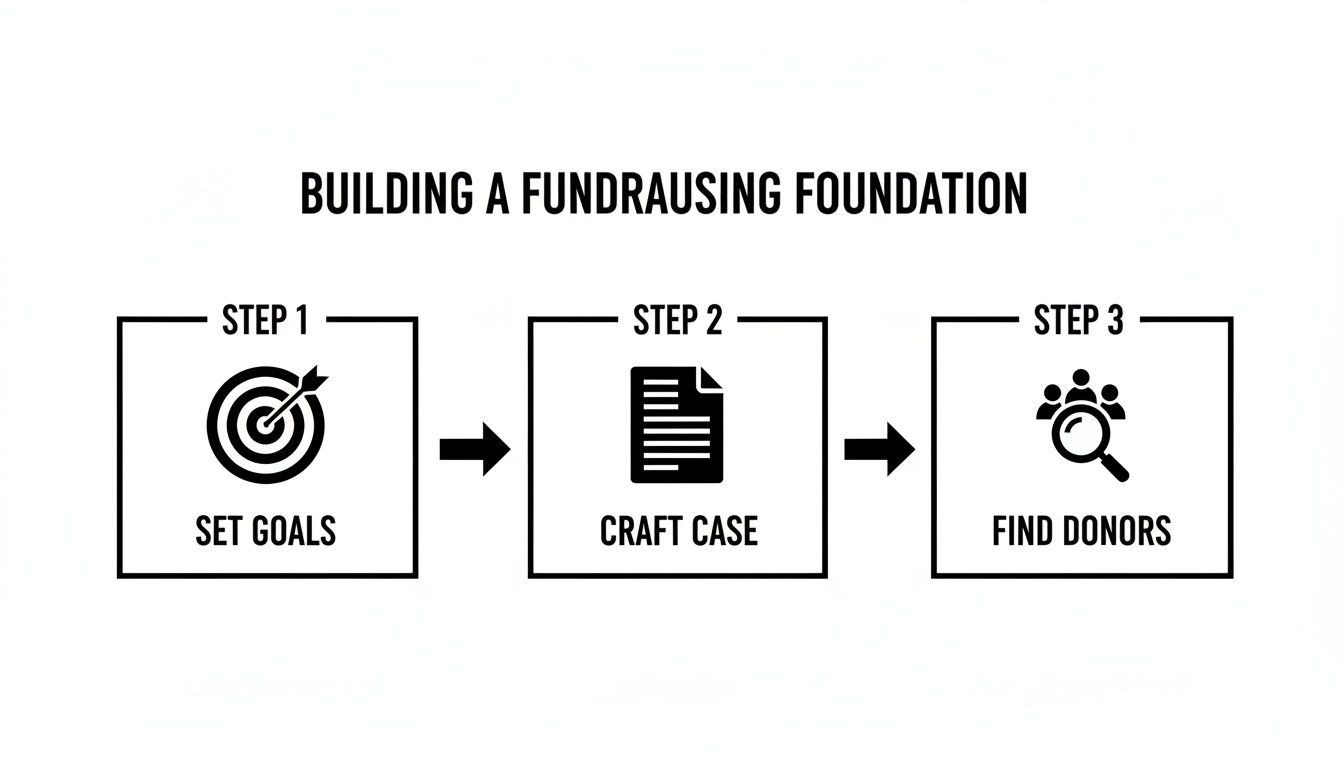 Infographic illustrating the three steps to building a fundraising foundation: set goals, craft case, find donors.