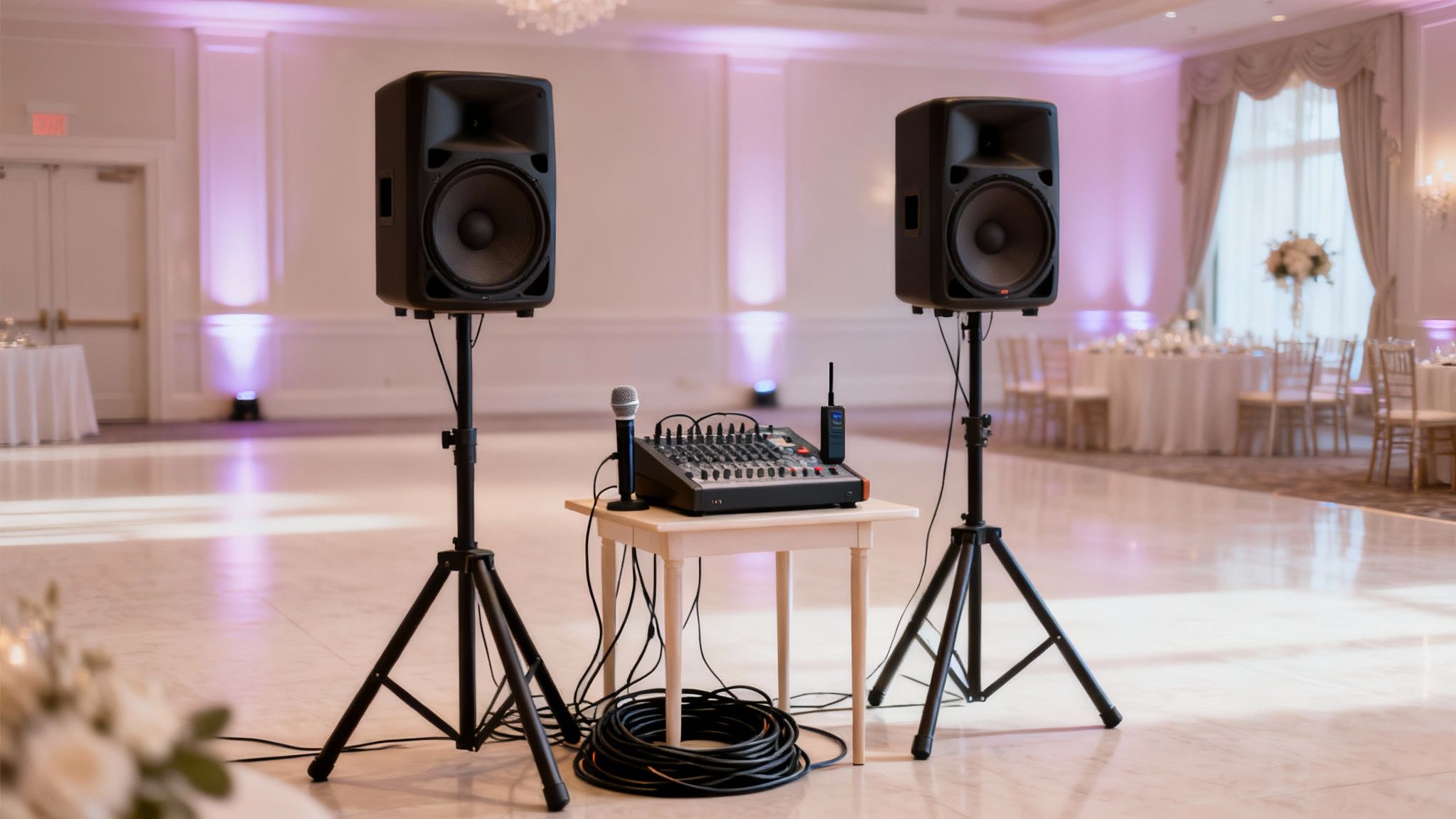 Complete DJ setup with speakers, mixer, microphone, and walkie-talkie in an elegant wedding hall.