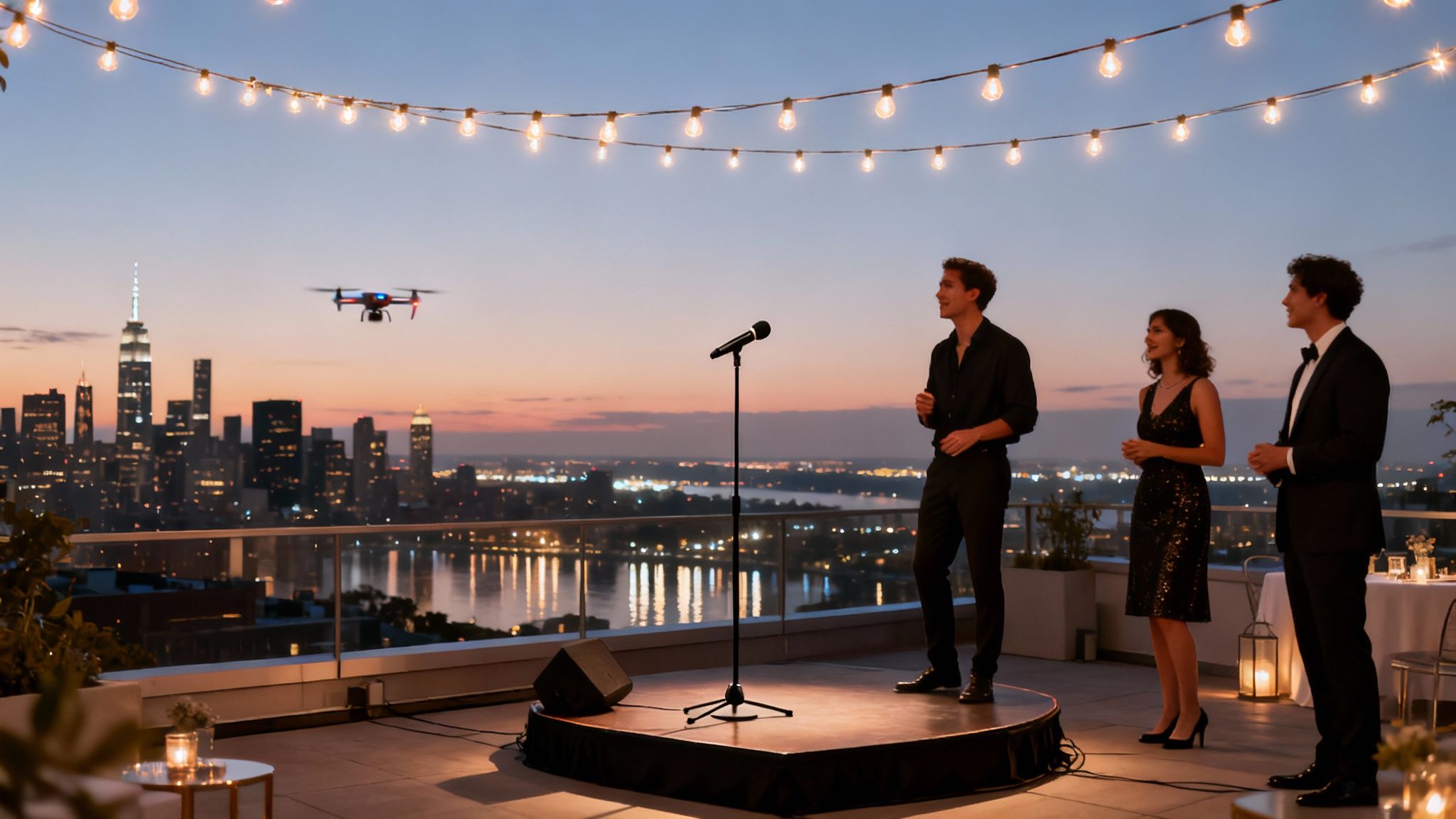 A formal rooftop event at dusk, overlooking a city skyline with a drone flying and string lights.