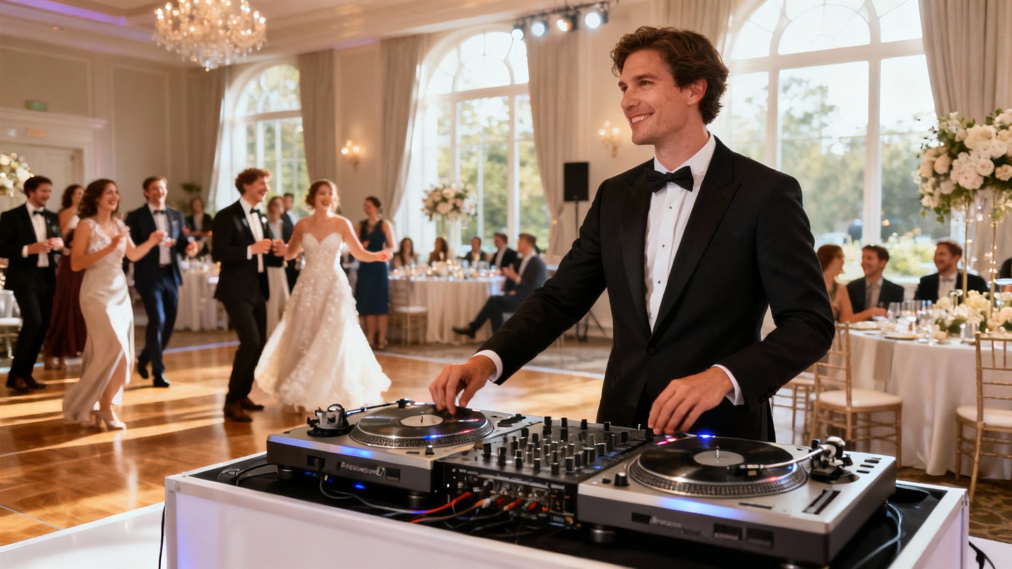 A DJ mixing music at a wedding reception with guests dancing in the background