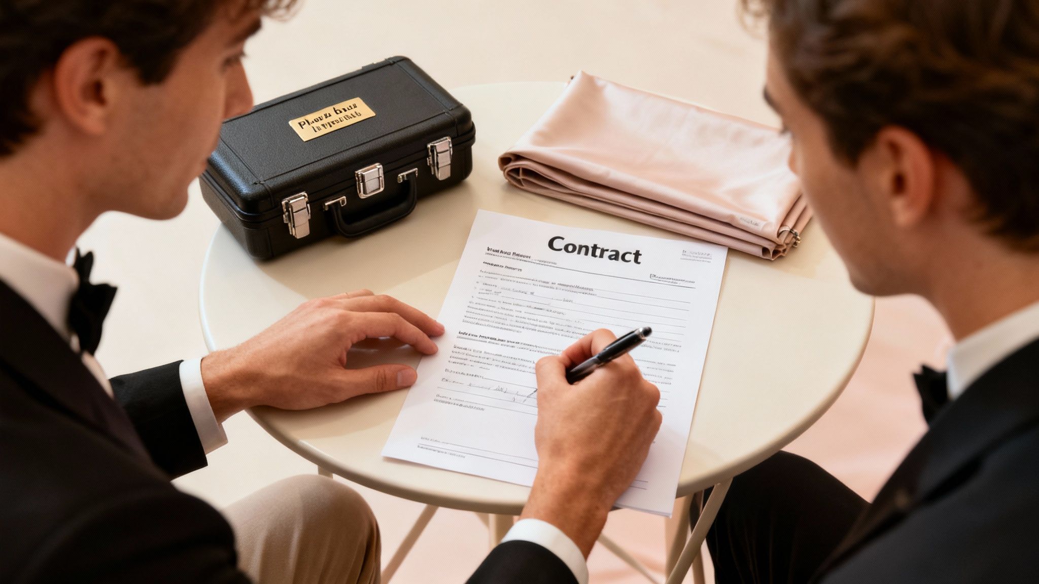 Two formally dressed men at a table, one signing a contract with a pen, symbolizing a formal agreement.