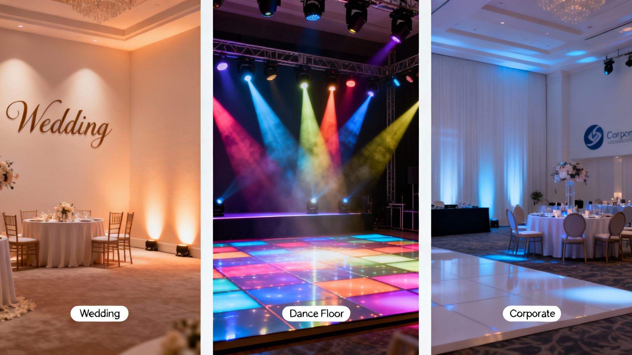 Three distinct event setups: a warm wedding reception, a vibrant dance floor with colorful DJ lights, and a corporate event.