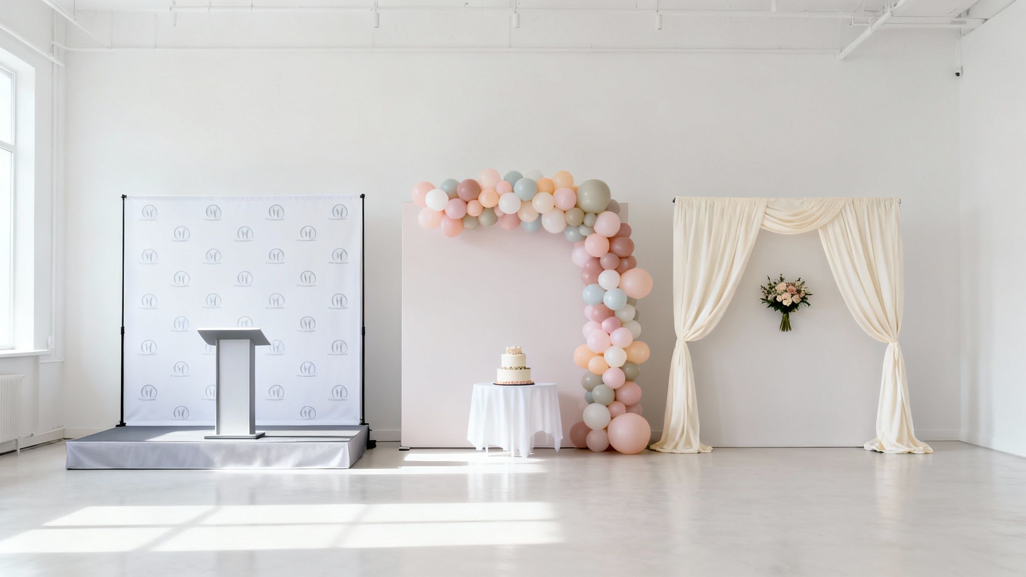 A bright, spacious room set up for an event with a podium, balloon arch with cake, and a floral curtain arch.