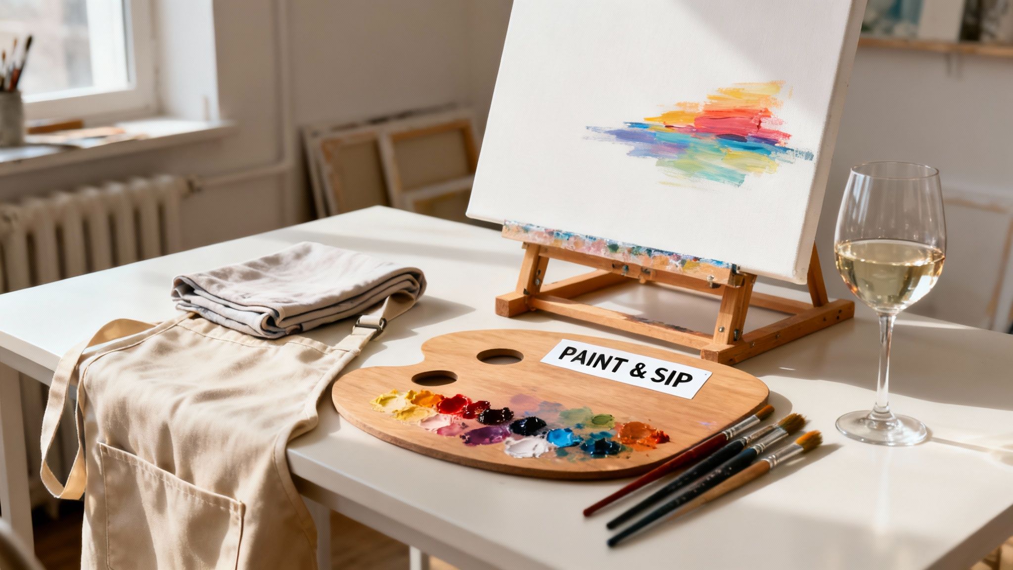 A vibrant 'paint and sip' art setup with a canvas, paints, brushes, and white wine on a table.