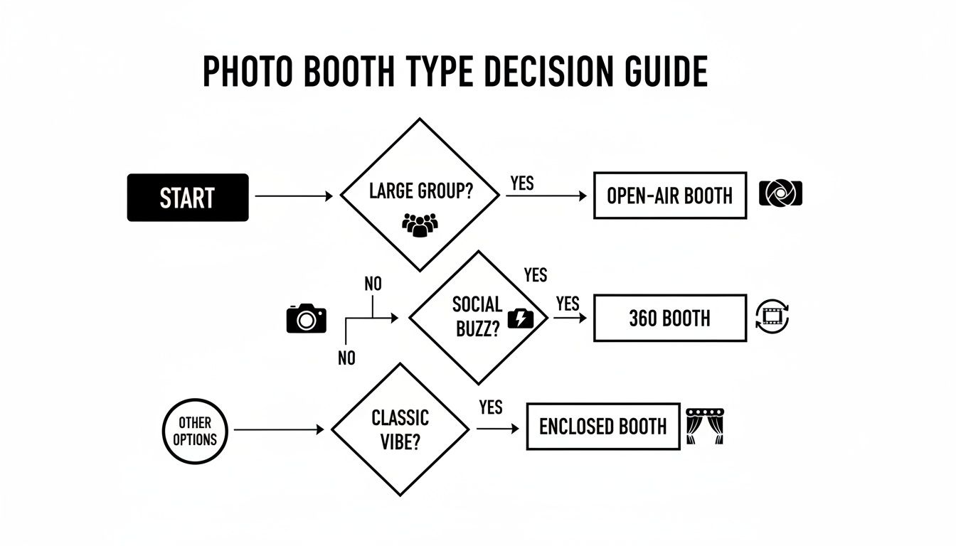 A flowchart decision guide for choosing the right photo booth type, detailing options like open-air, 360, and enclosed booths.