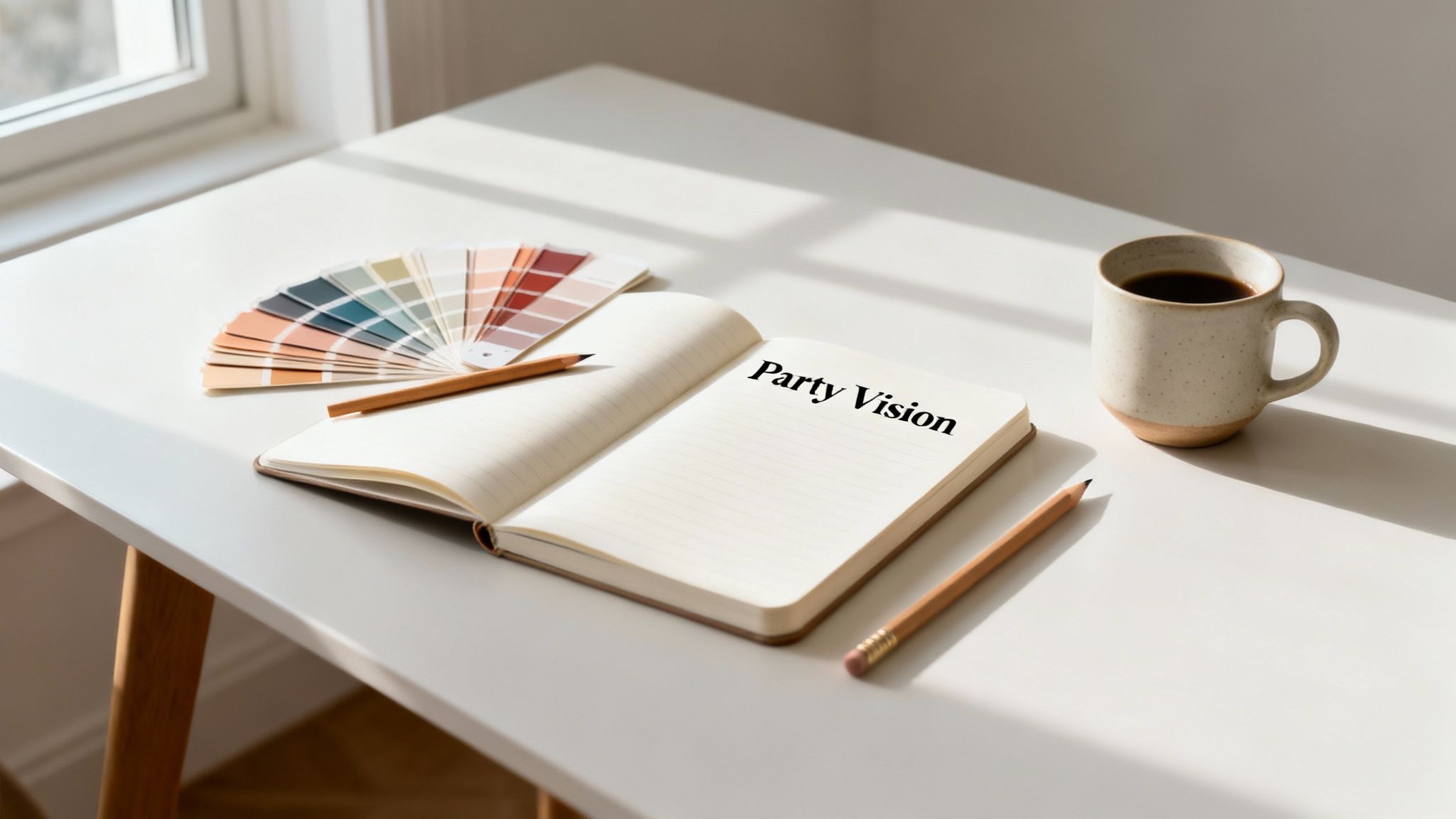 An open notebook on a white desk with 'Party Vision' written, alongside a color palette fan, pencils, and a coffee cup.