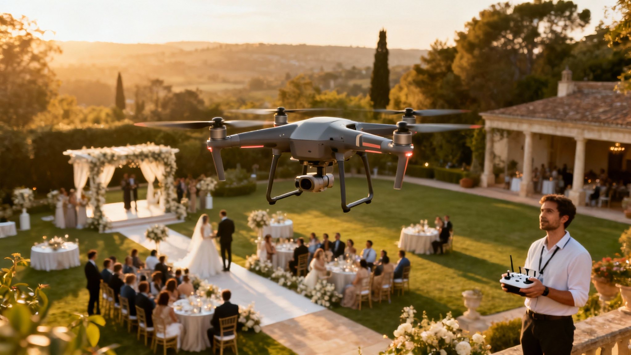 A drone captures a beautiful outdoor wedding ceremony at sunset, with a drone pilot operating it.