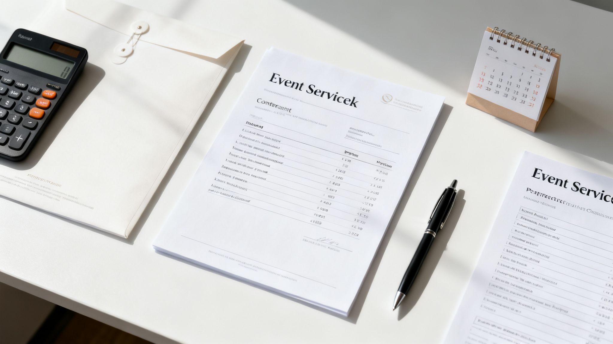 Overhead view of an event service desk with calculator, documents, pen, and calendar.