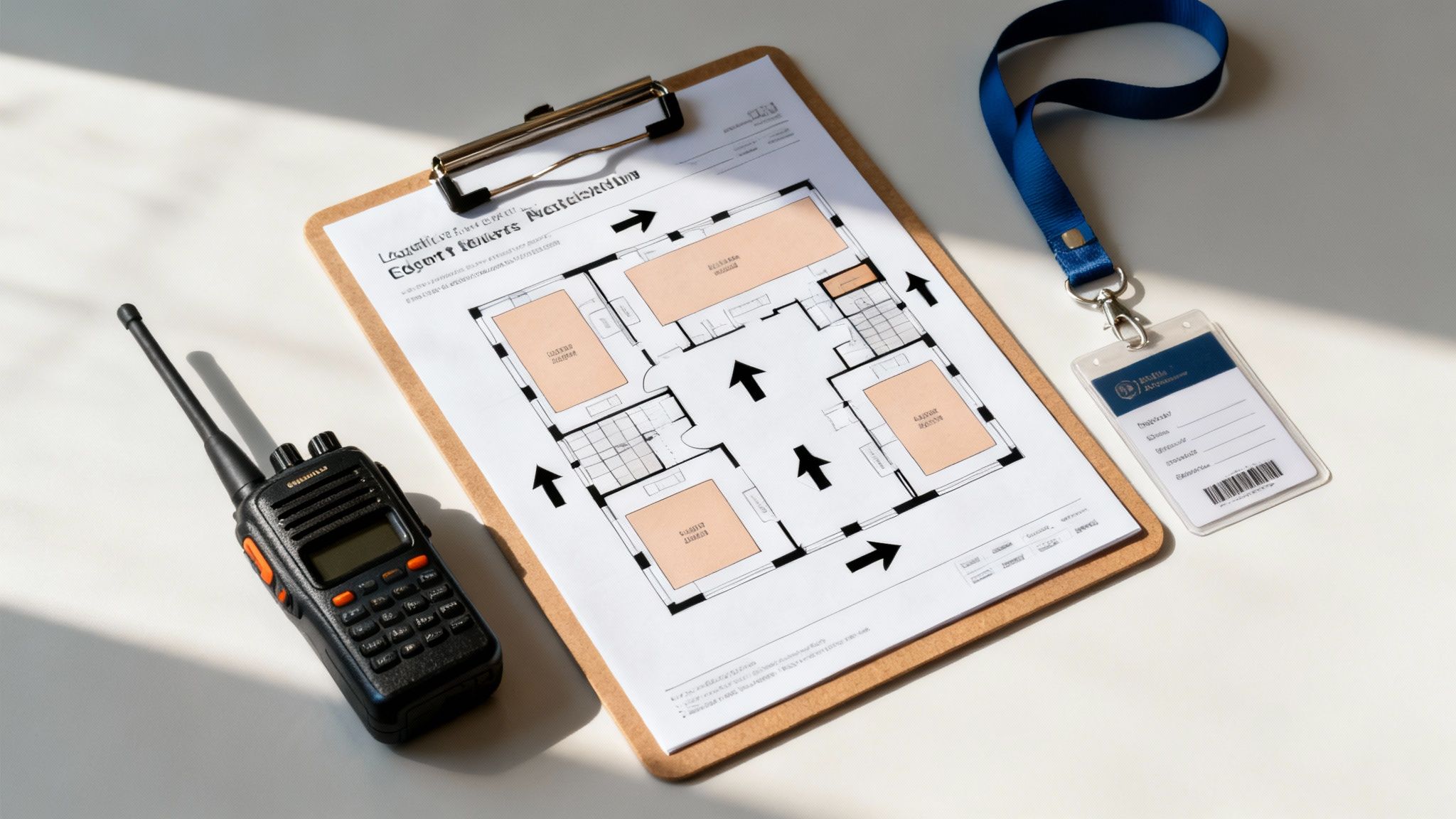 Overhead view of a clipboard with a floor plan, walkie-talkie, and ID badge on a white desk.