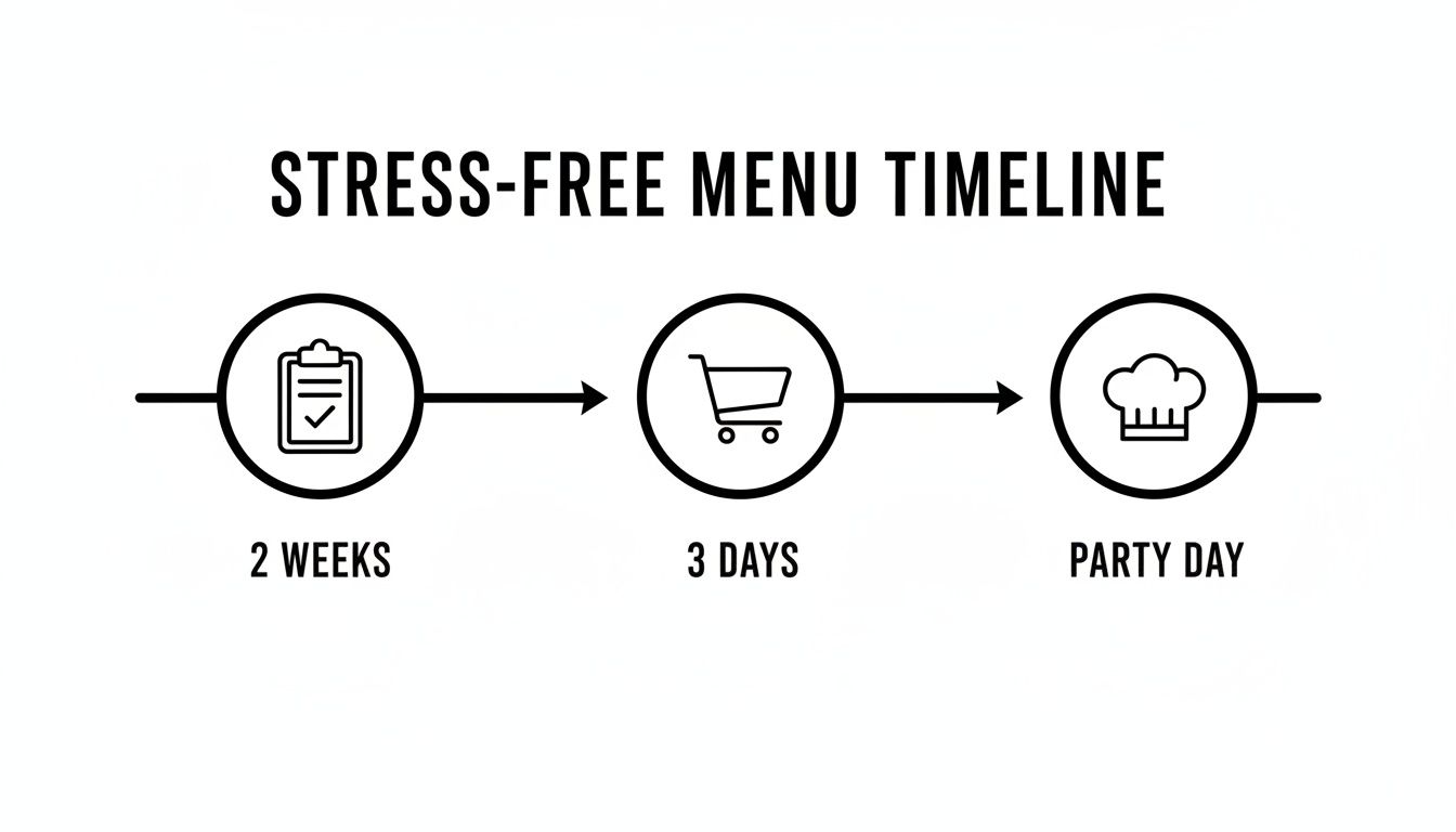A stress-free menu timeline showing planning at 2 weeks, shopping at 3 days, and cooking on party day.