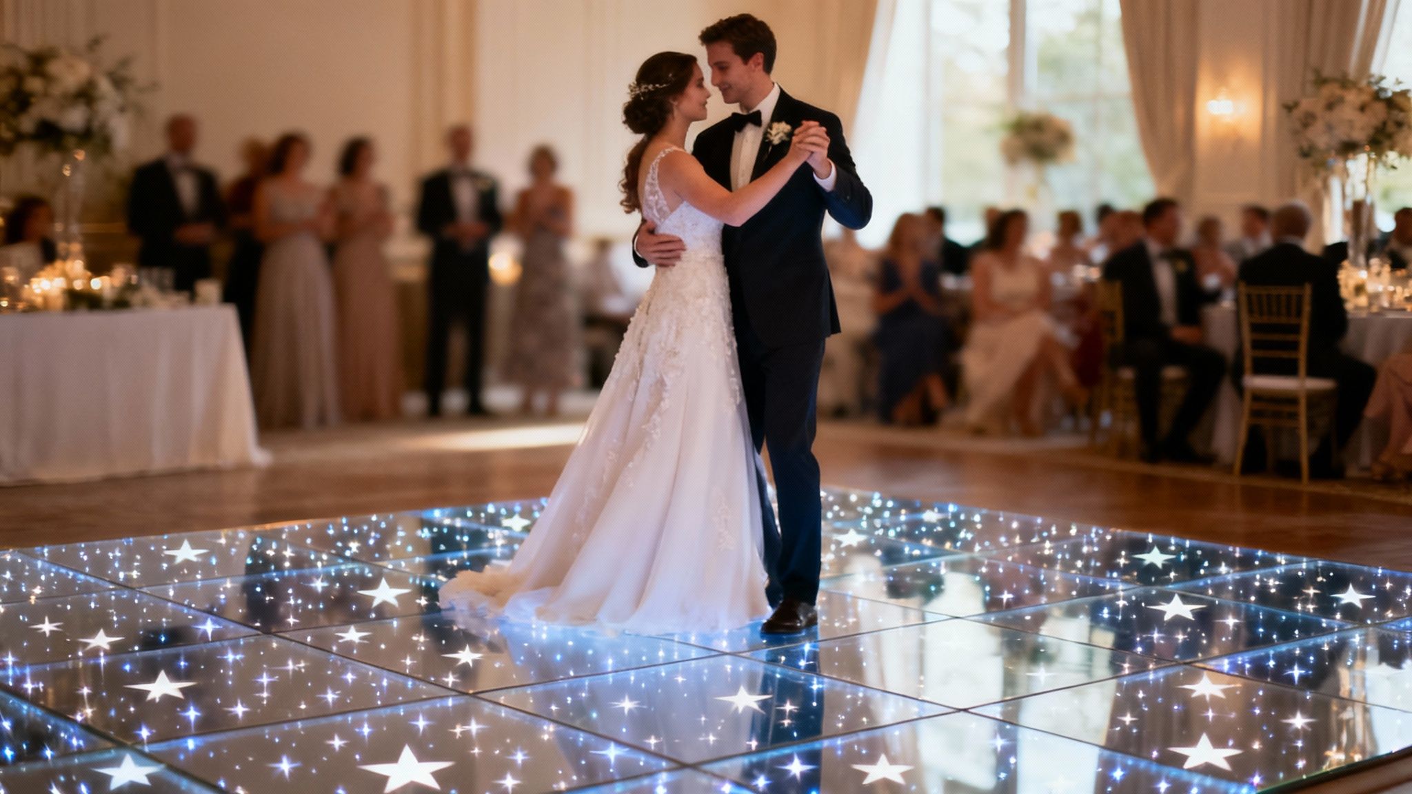 A newlywed couple slow dances on a sparkling LED star dance floor at their wedding reception.
