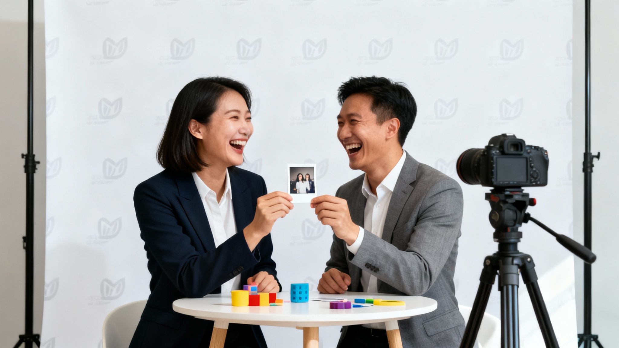 Two joyful Asian professionals laugh, holding a polaroid photo, with colorful blocks on a table during a recording.