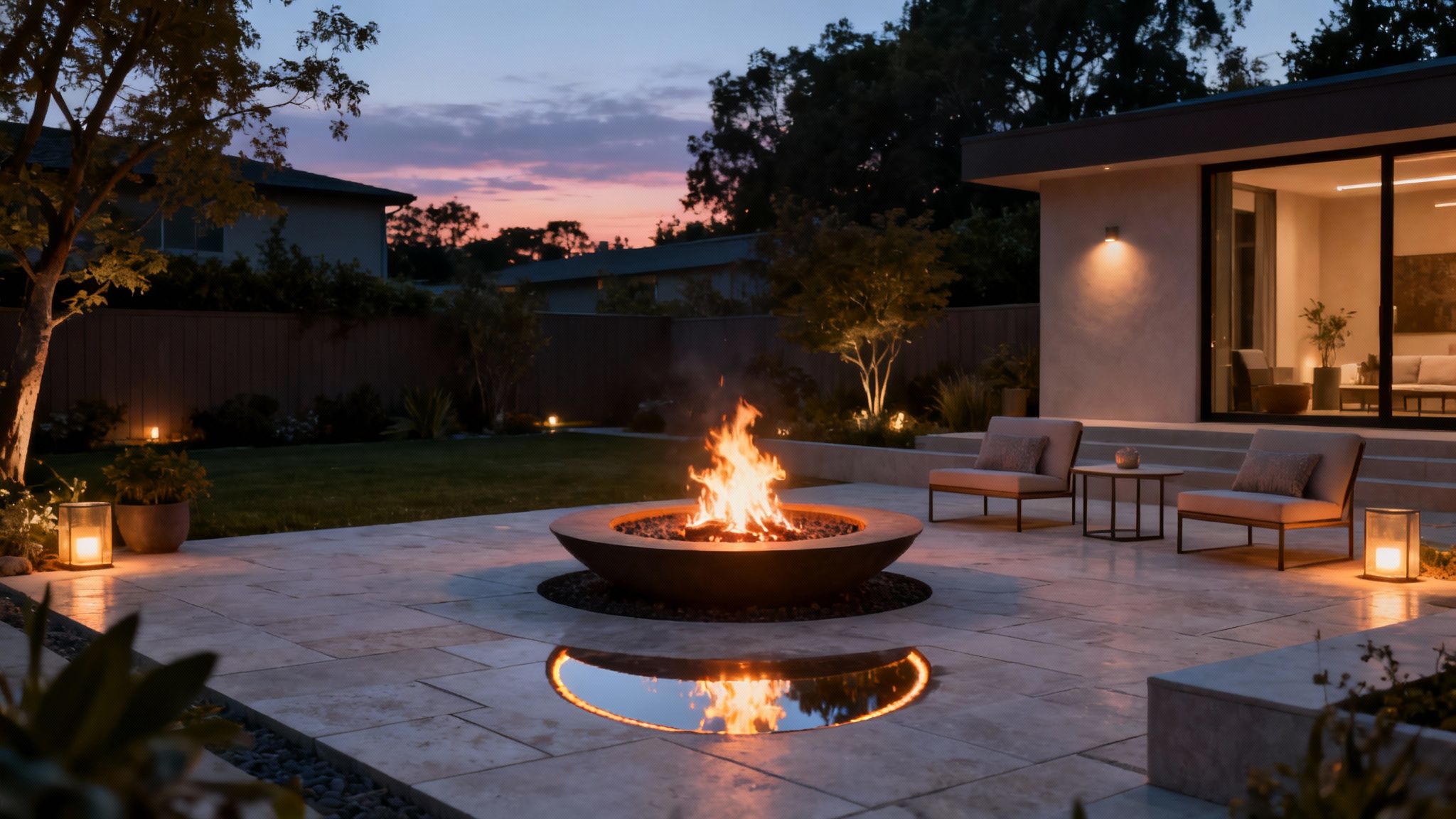 A stylish backyard patio at dusk with a glowing fire pit, comfortable seating, and elegant lighting.
