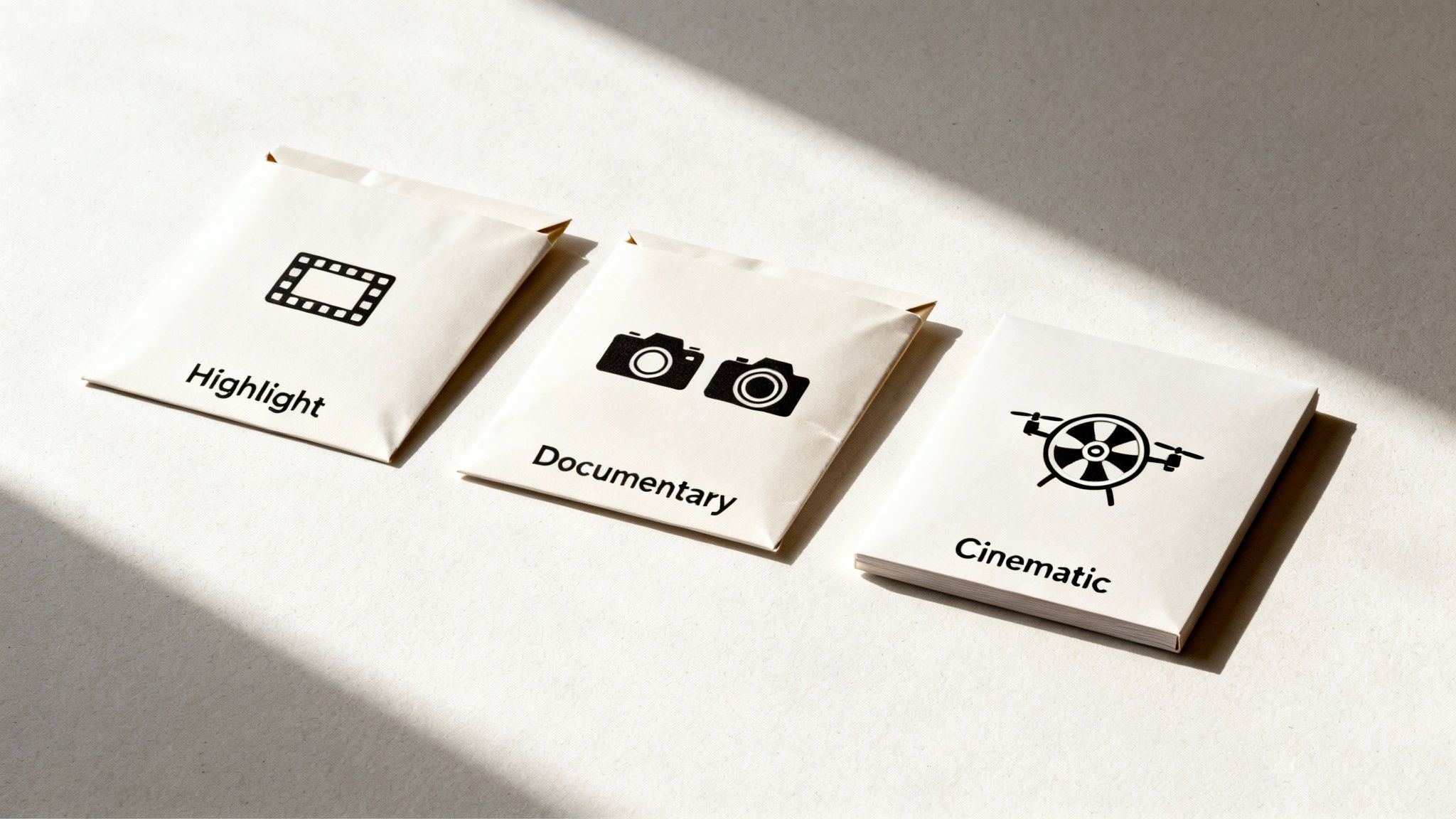 Three packets on a white surface, labeled Highlight, Documentary, and Cinematic, with corresponding icons.