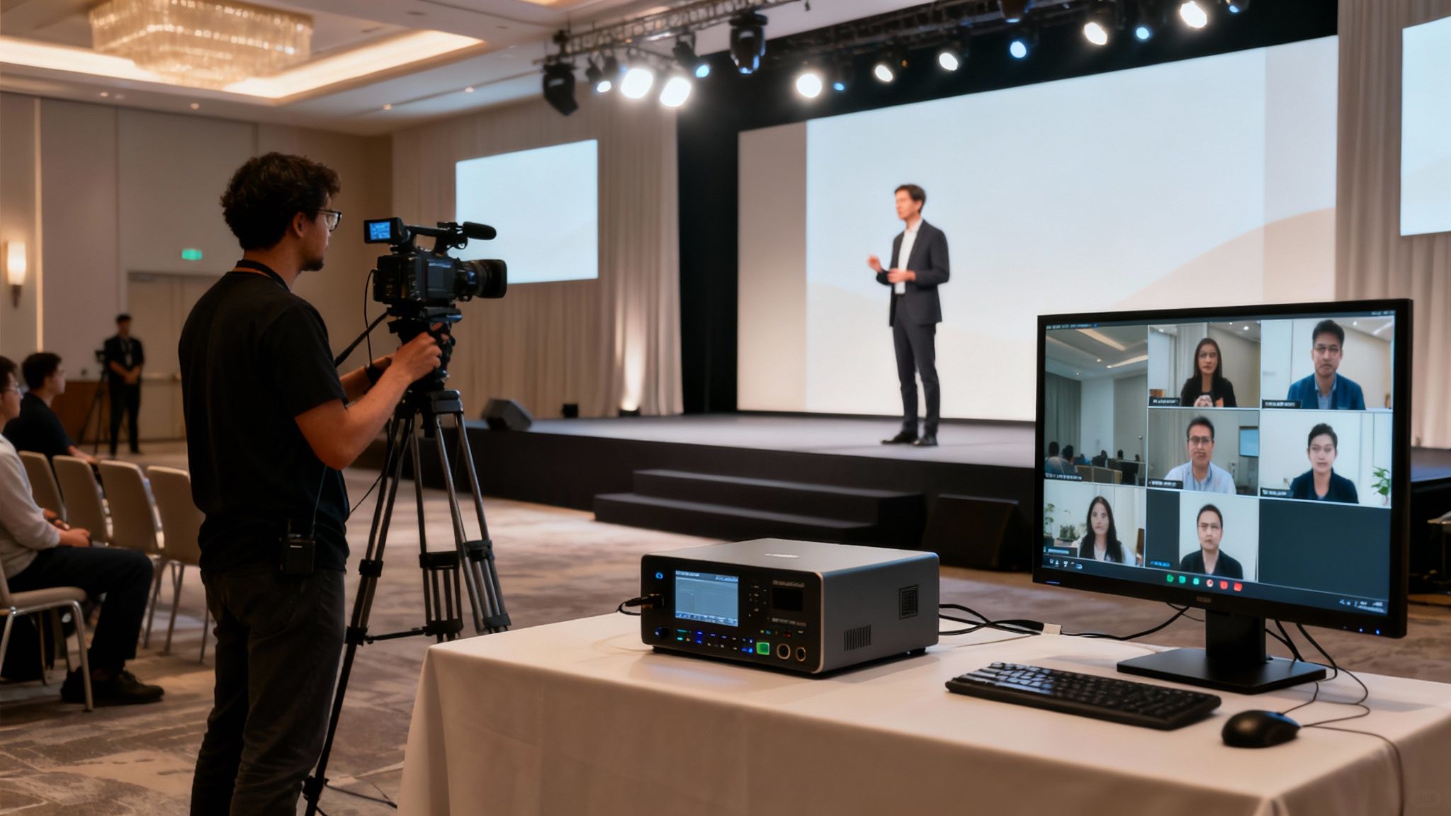 Event production setup with a cameraman, a speaker on stage, and a video conference on screen.