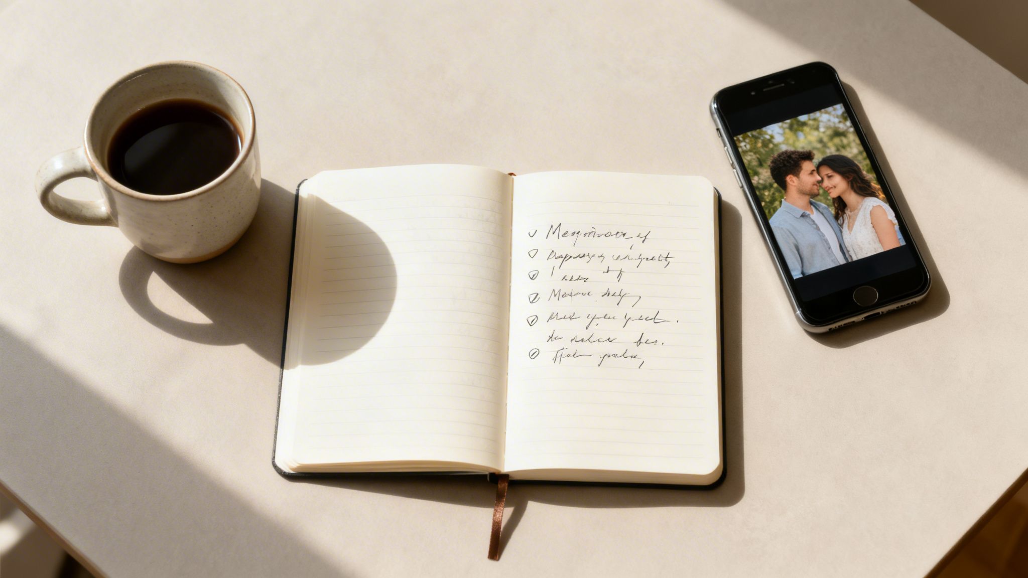 Overhead shot of a coffee cup, open notebook with handwritten notes, and smartphone displaying a photo of a couple.