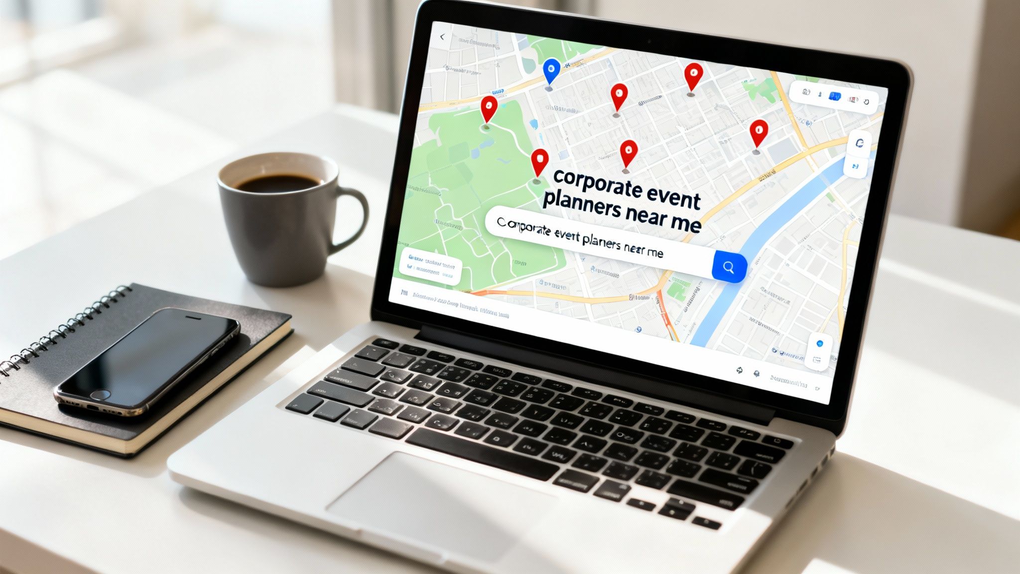 A laptop displays a map search for "corporate event planners near me", alongside a coffee mug, smartphone, and notebook.