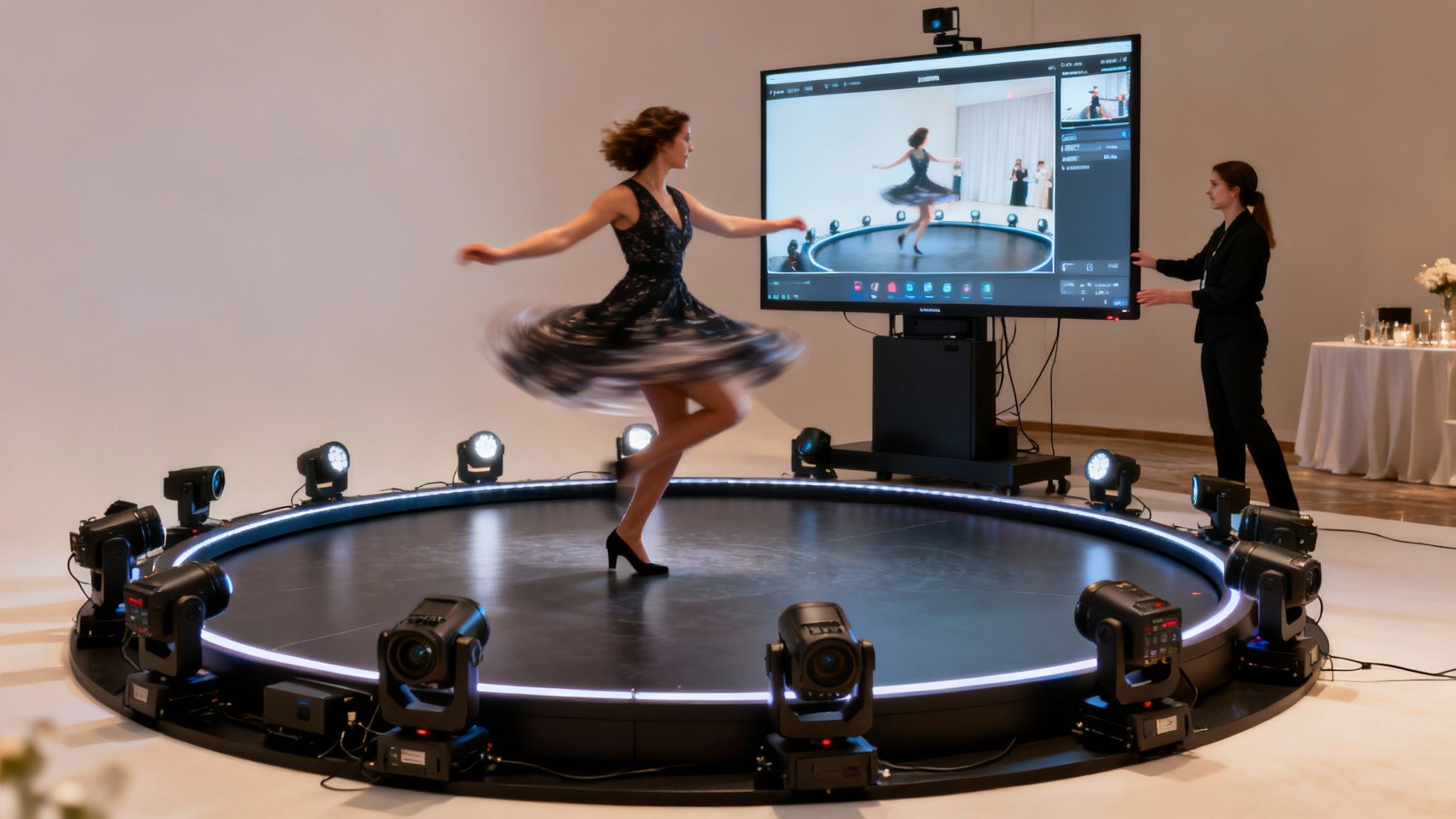 A woman dances on a circular motion capture stage while another operates a large screen display.