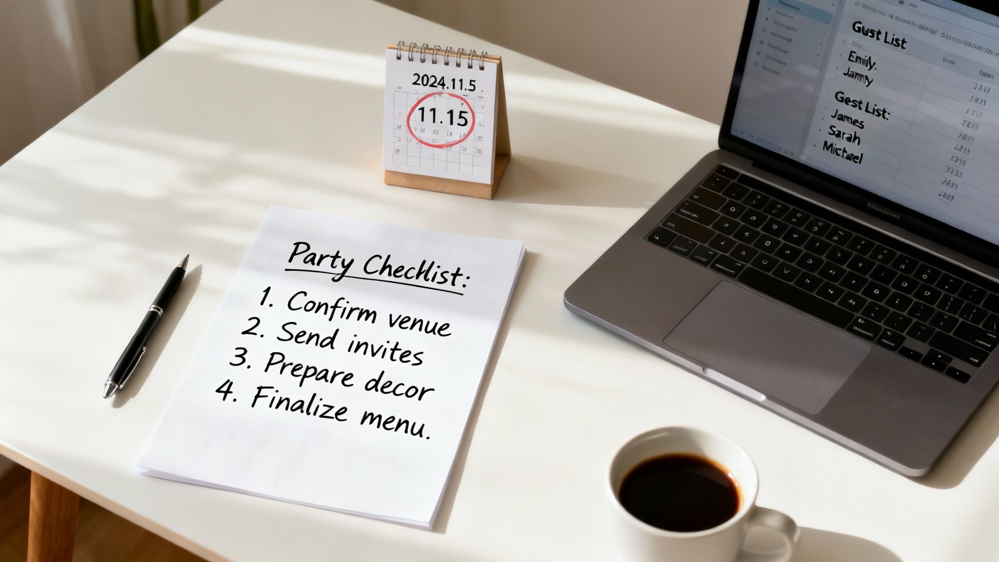 A person is happily planning a-party, surrounded by colorful sticky notes and a laptop.