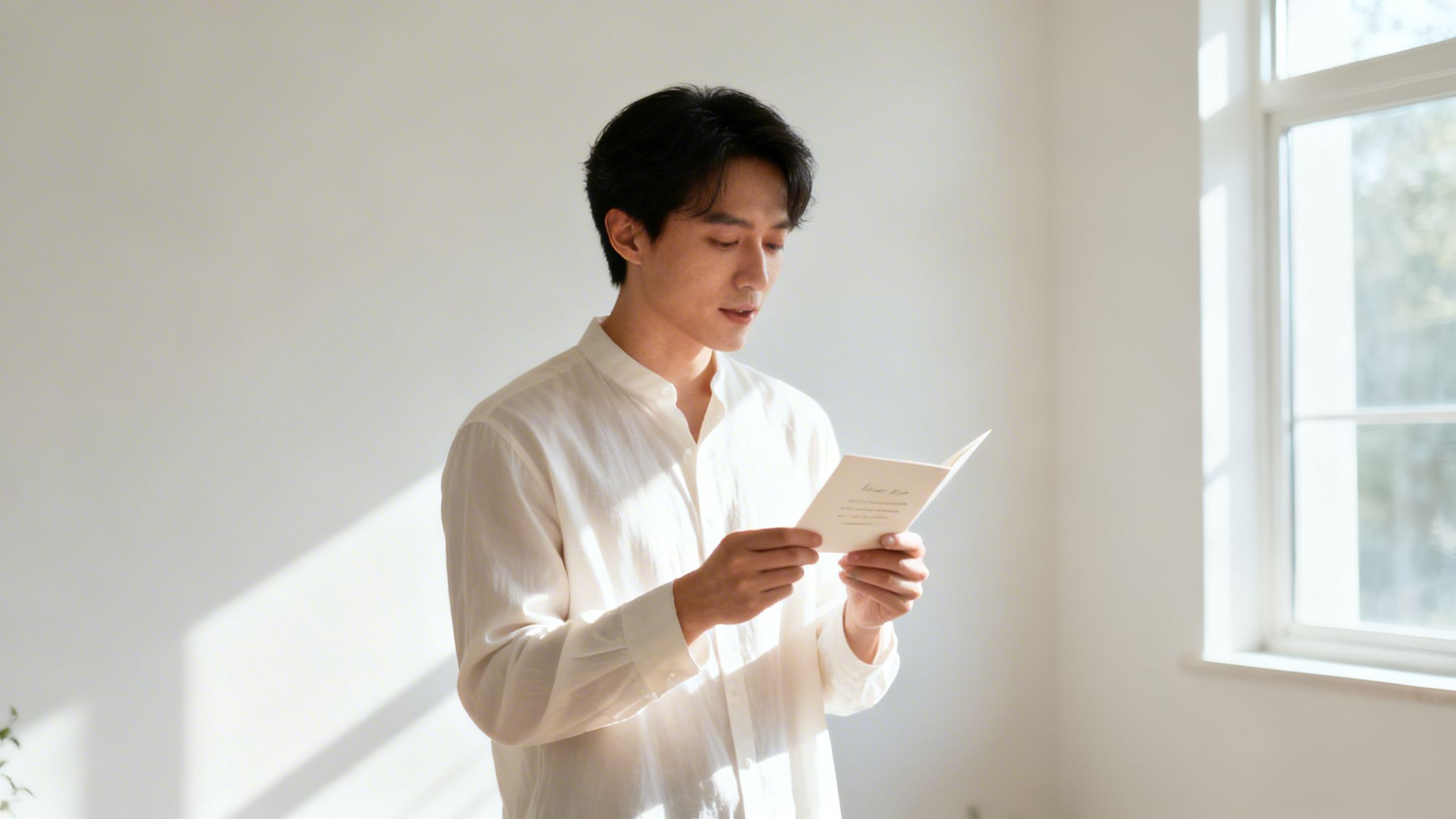 Young Asian man in a white shirt intently reading a card by a sunny window.
