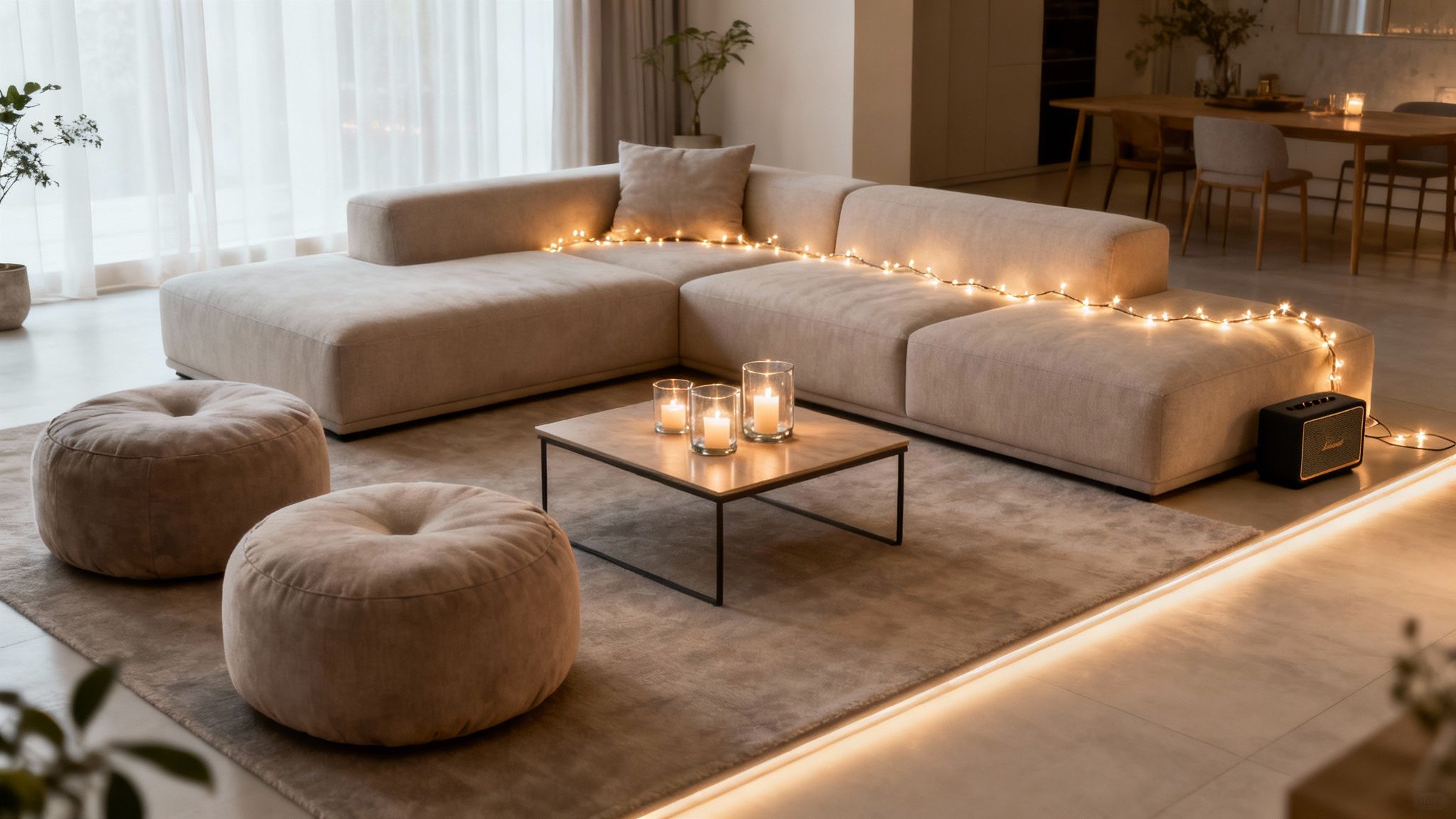 A beautifully decorated party space with soft lighting and comfortable seating areas.