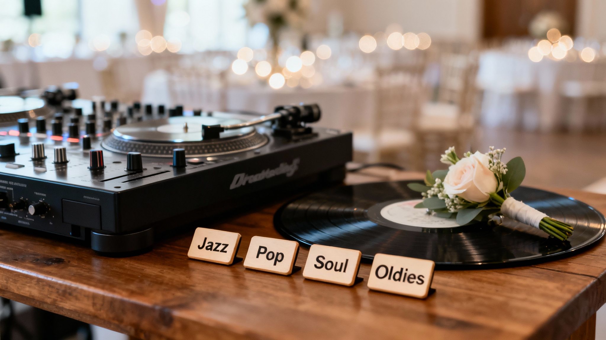 A DJ setup with turntables, vinyl records, a boutonnière, and genre blocks 'Jazz, Pop, Soul, Oldies' at a wedding reception.