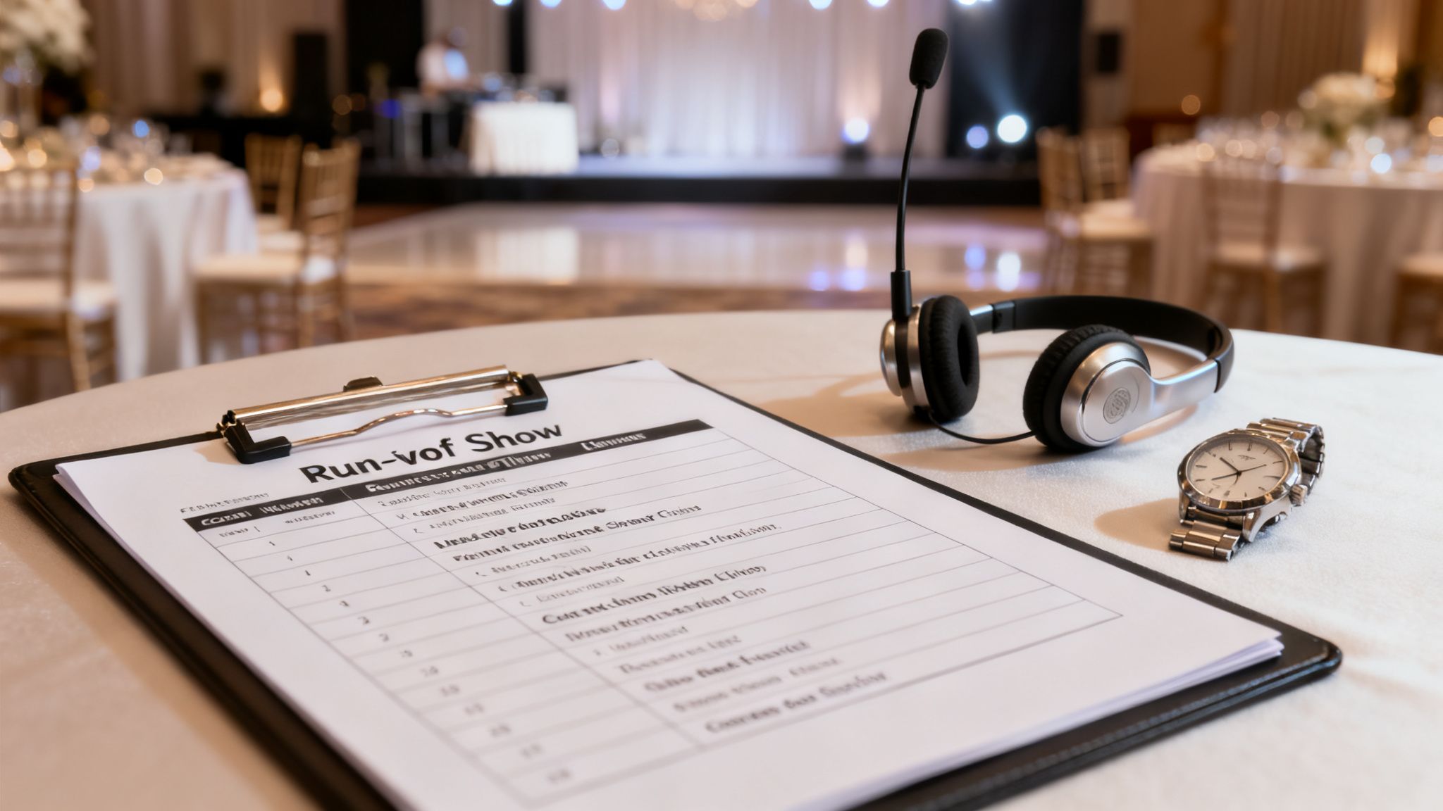 A 'Run-of-Show' document on a clipboard with a headset and watch, ready for event management.