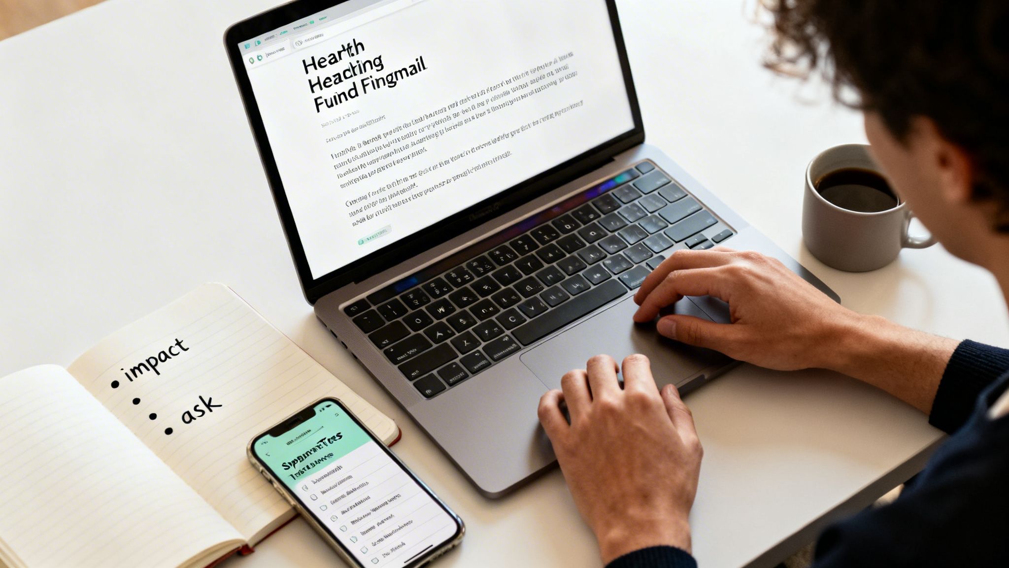 A person types on a laptop, with a notebook, phone, and coffee cup on a desk.