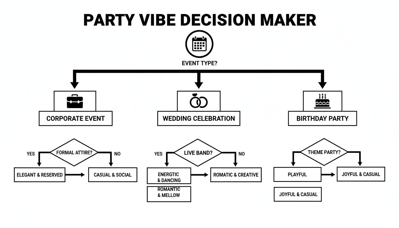 Flowchart showing party vibe decisions based on event type, attire, band, and theme.