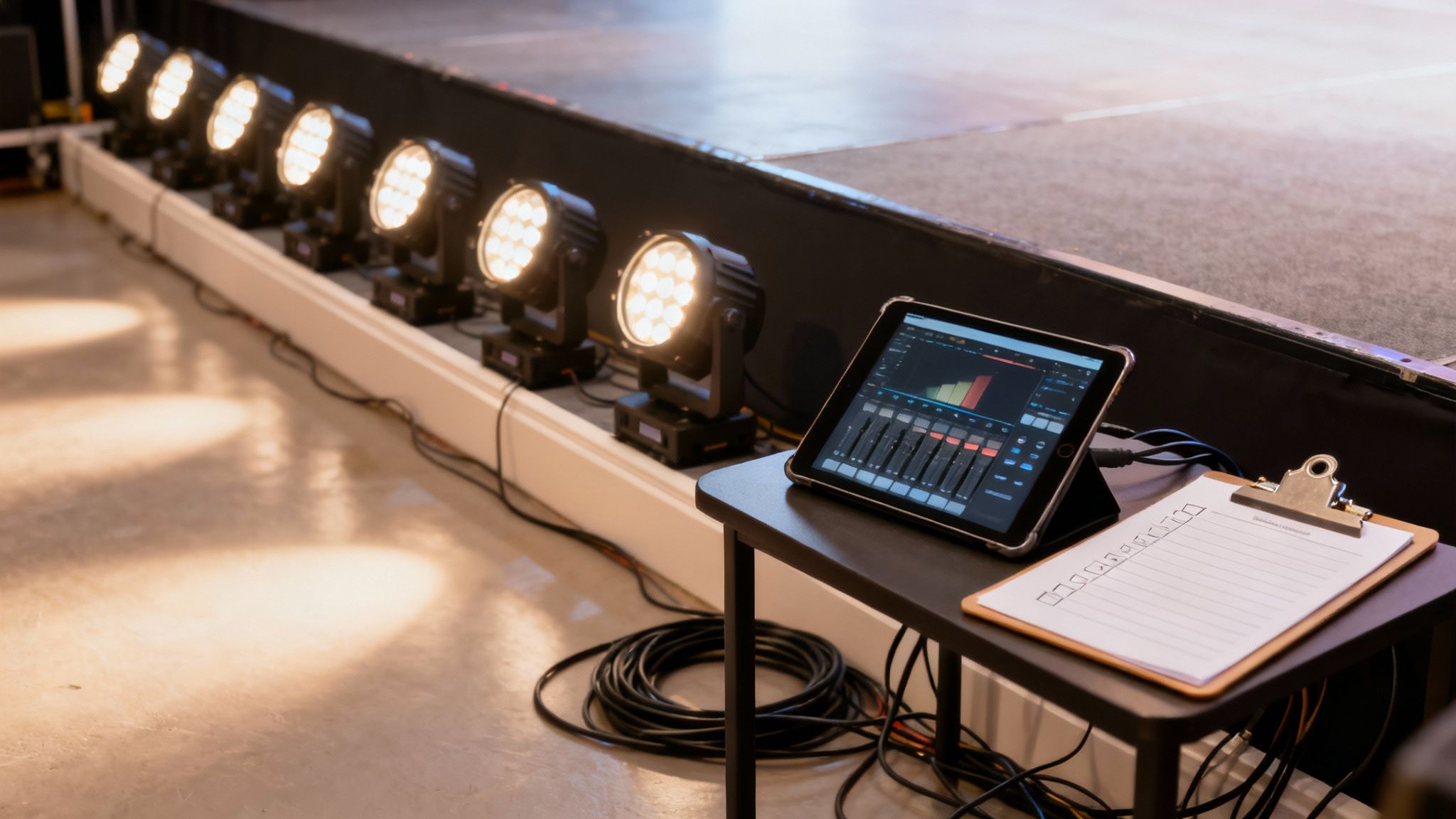 A tablet with a mixing app and a clipboard next to a row of bright stage uplights.