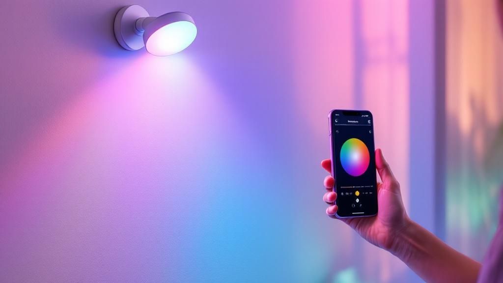 A professional-grade COB LED uplight casting a vibrant purple glow up a textured wall.