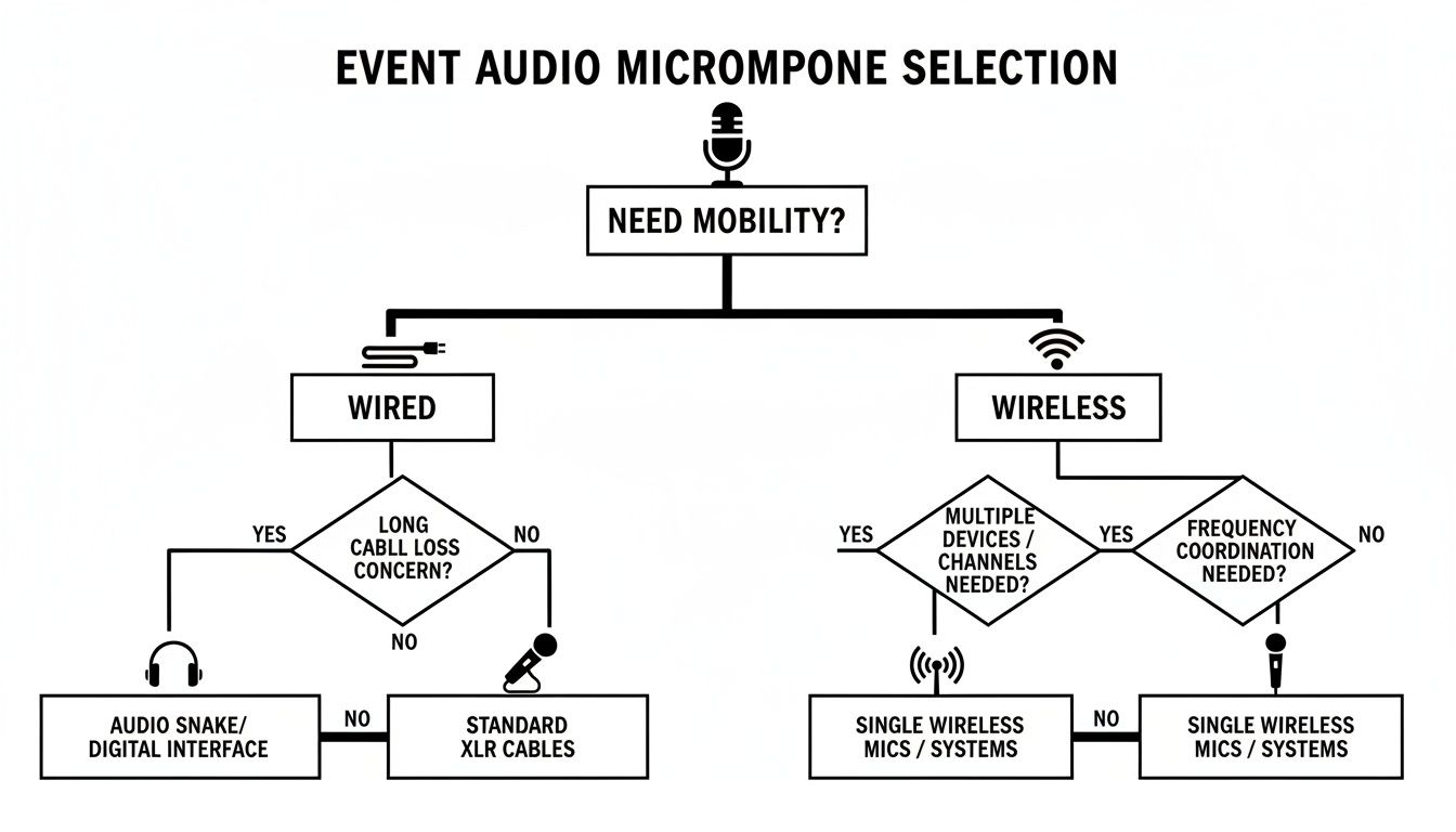 Flowchart for event audio microphone selection, guiding choices between wired and wireless options.