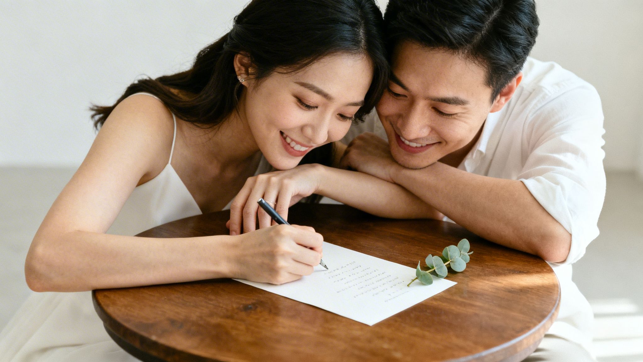 A happy Asian couple writing wedding vows together, smiling over a wooden table.