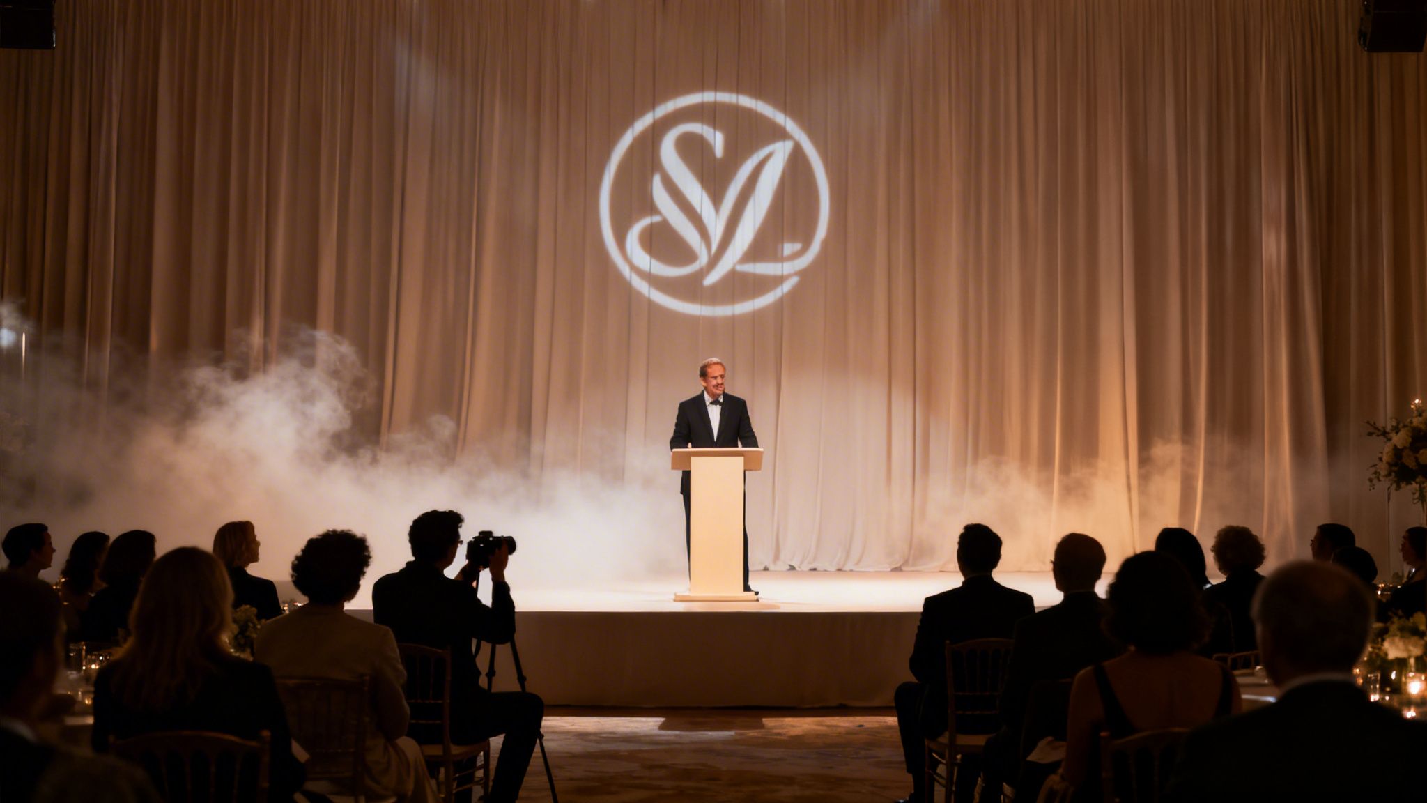 A man in a suit speaks at a podium on a stage with a projected logo and an audience.