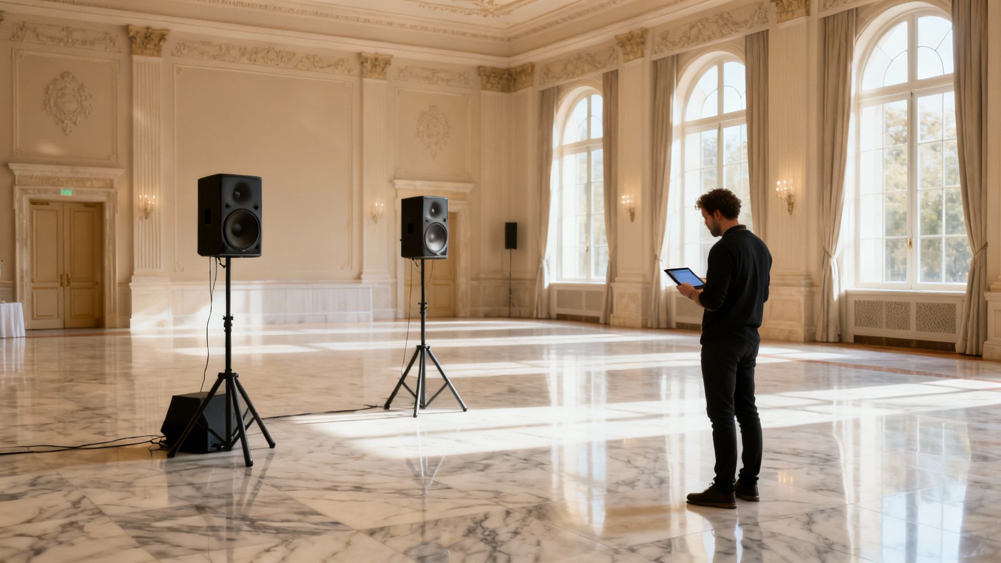 A man using a tablet to adjust a sound system in an ornate, empty hall.