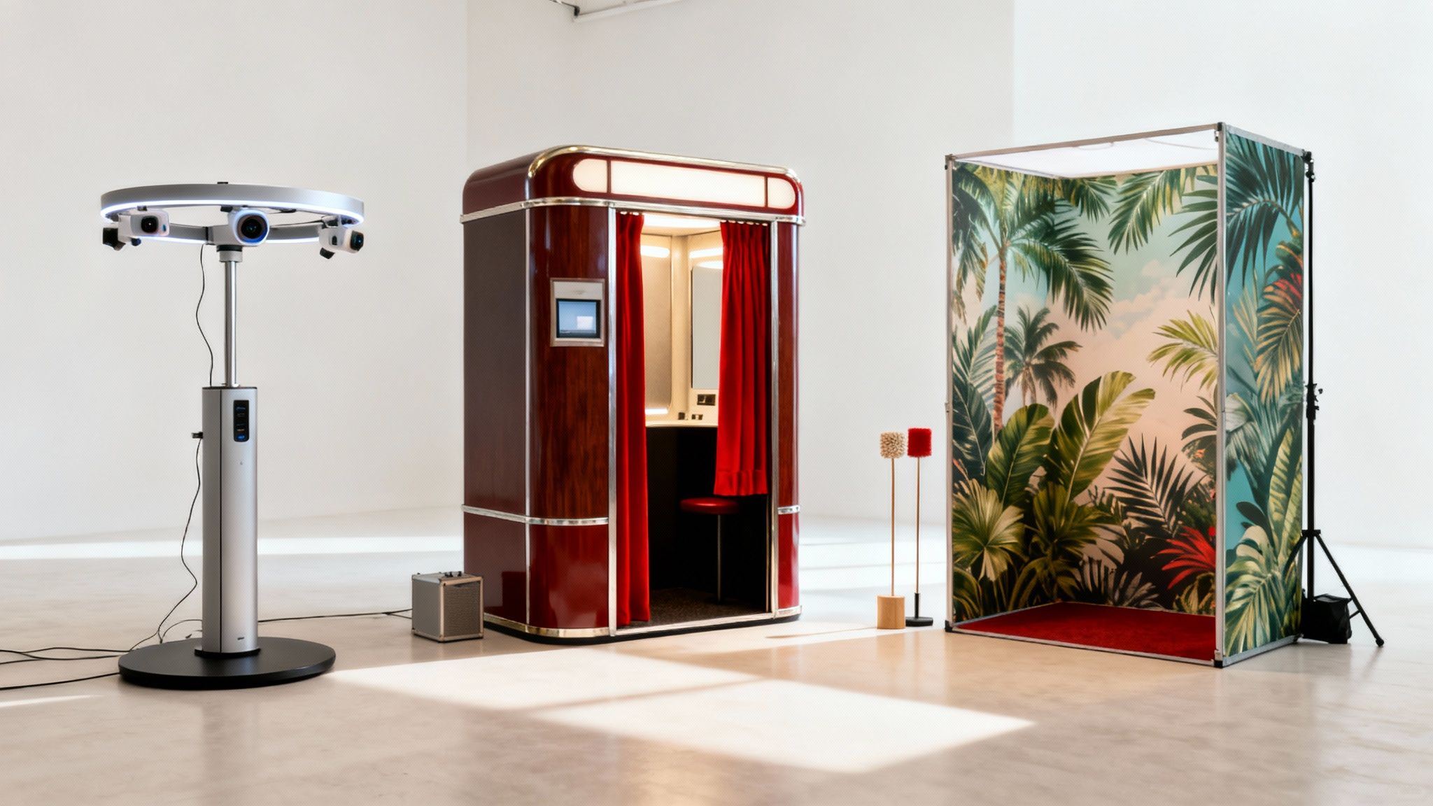 Three professional photo booth setups: a 360-degree camera array, a retro-style booth, and a tropical backdrop.