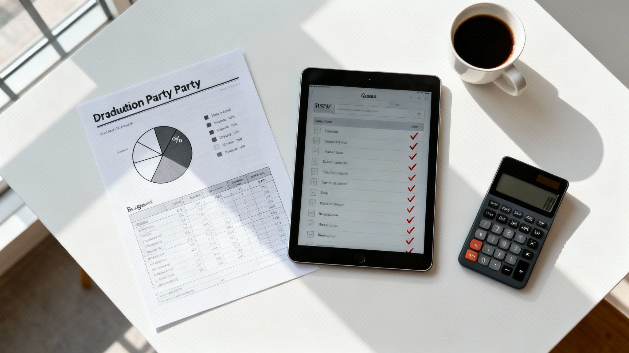 Overhead view of a desk with a graduation party budget sheet, tablet, calculator, and coffee.