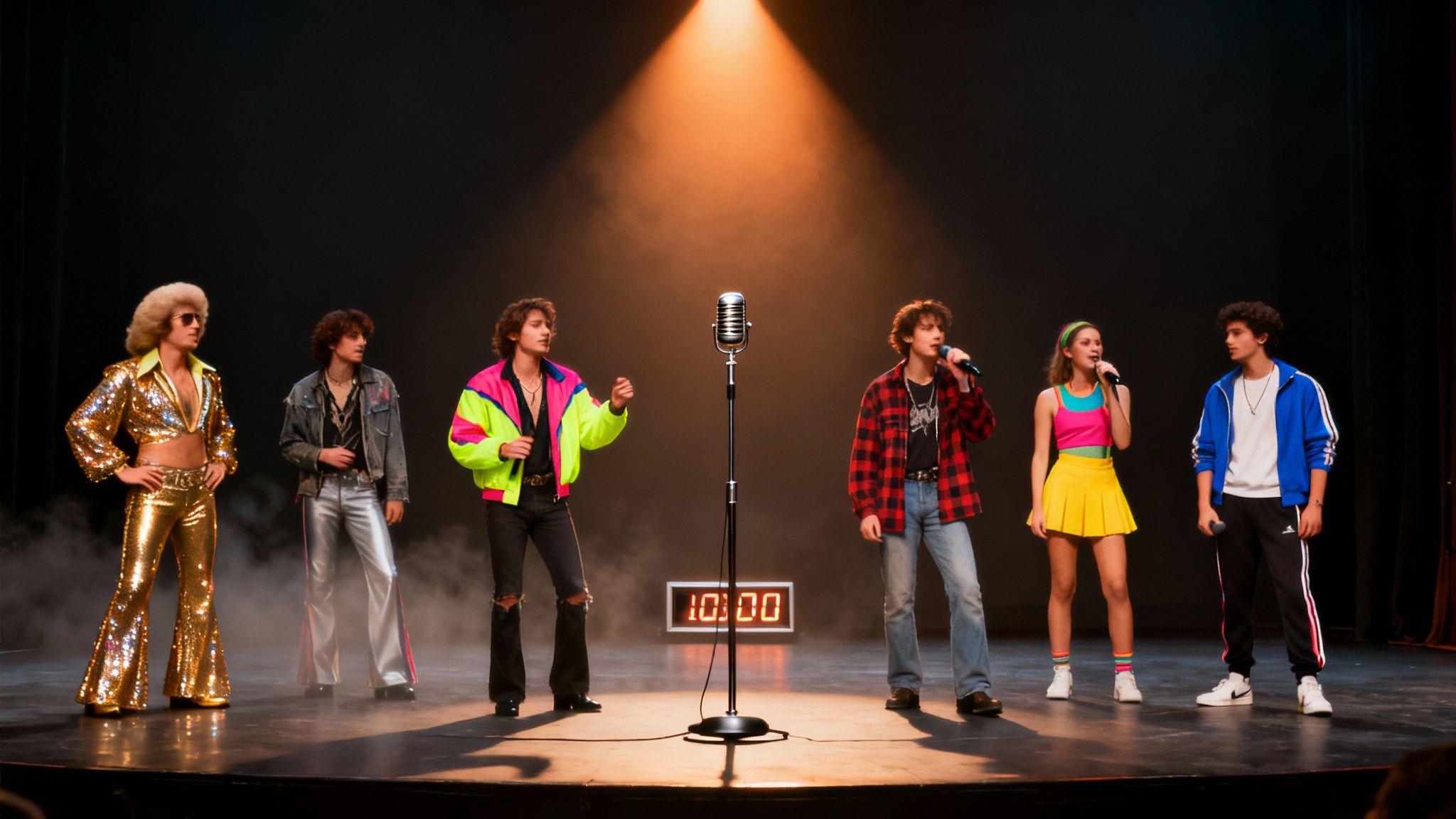 Six young people on stage, dressed in retro-themed outfits, singing with microphones under a spotlight.