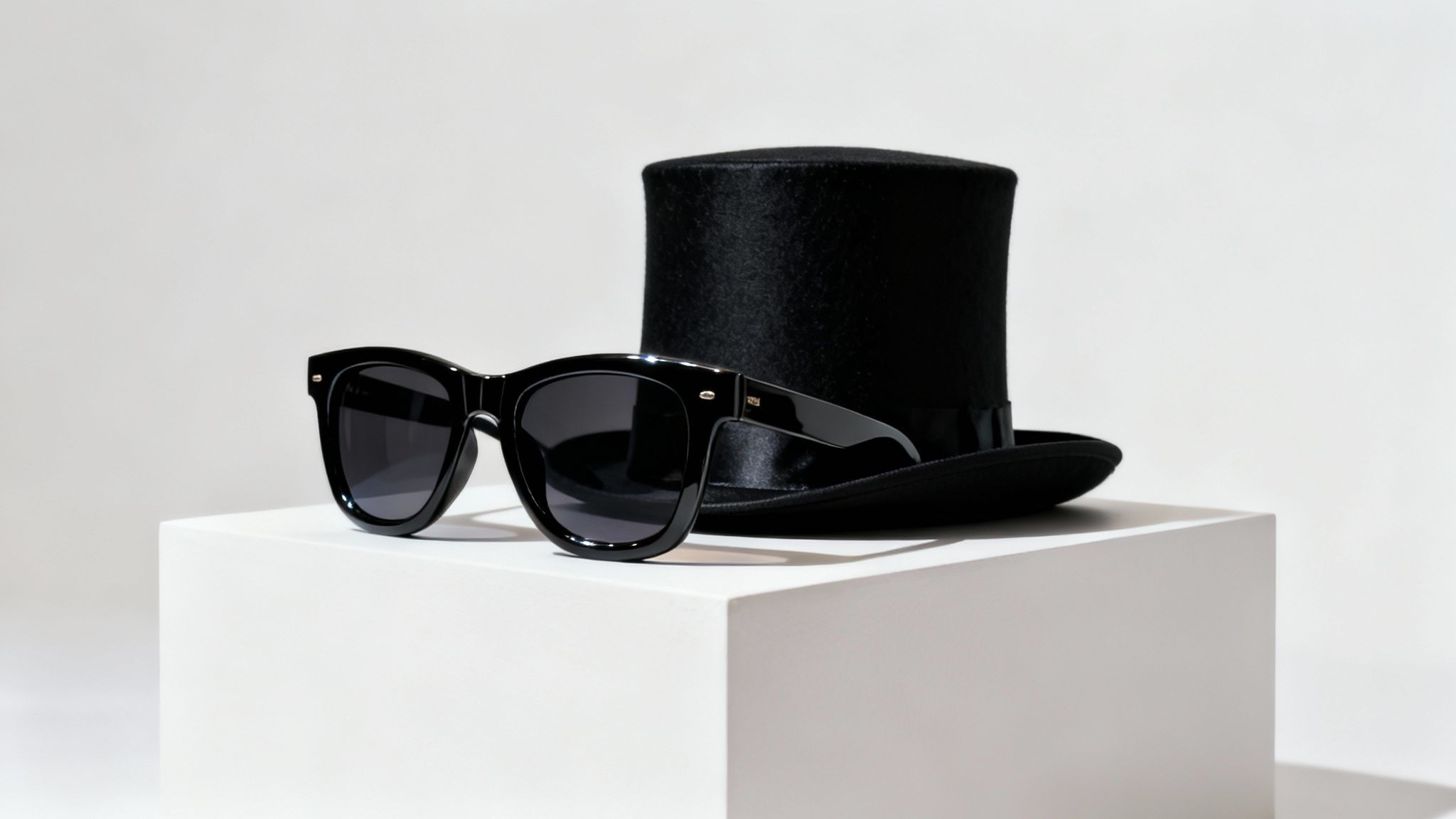 Stylish black top hat and matching sunglasses resting on a white cube against a minimalist background.