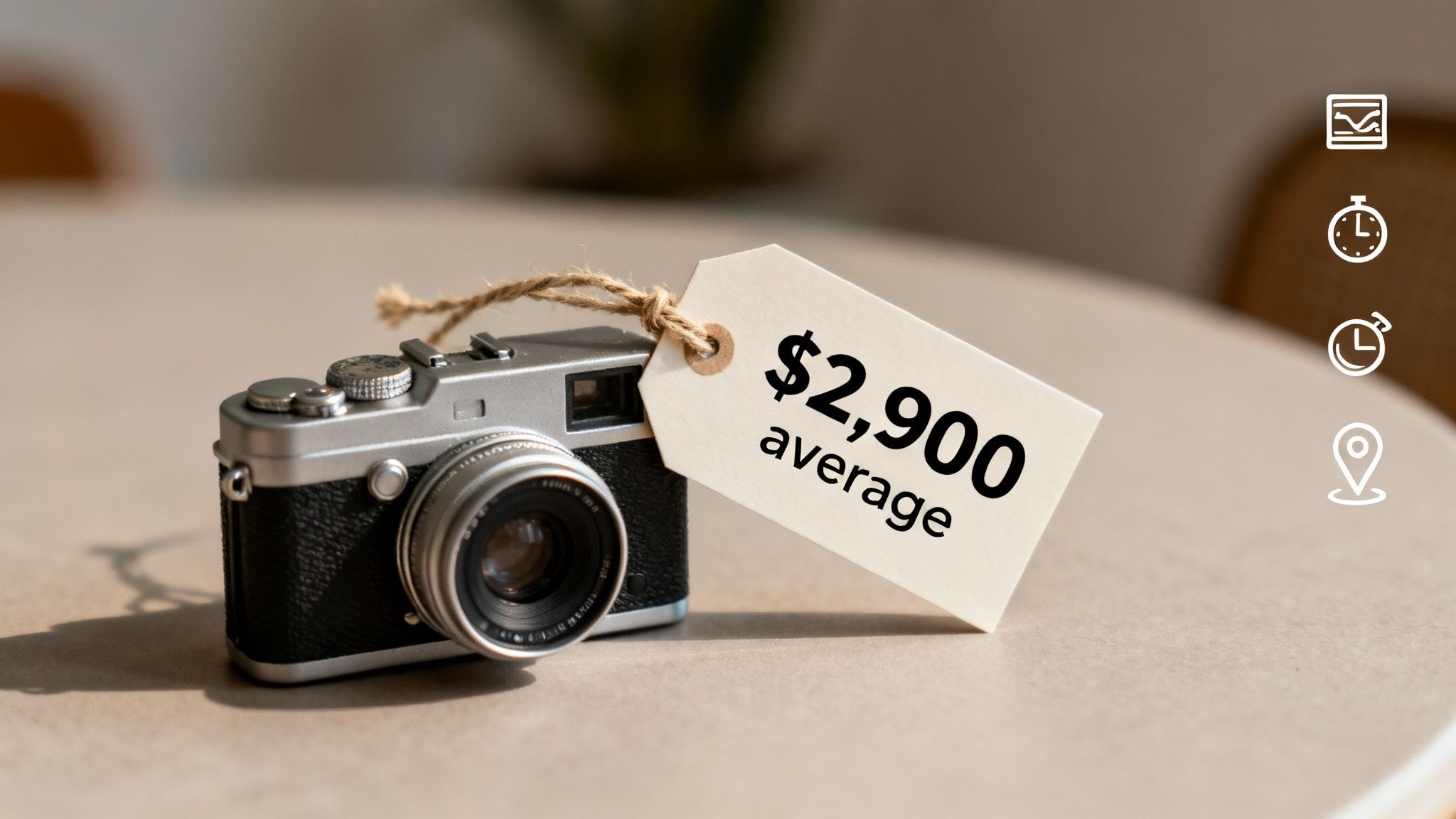 A silver vintage camera with a price tag displaying '$2,900 average', alongside service icons.