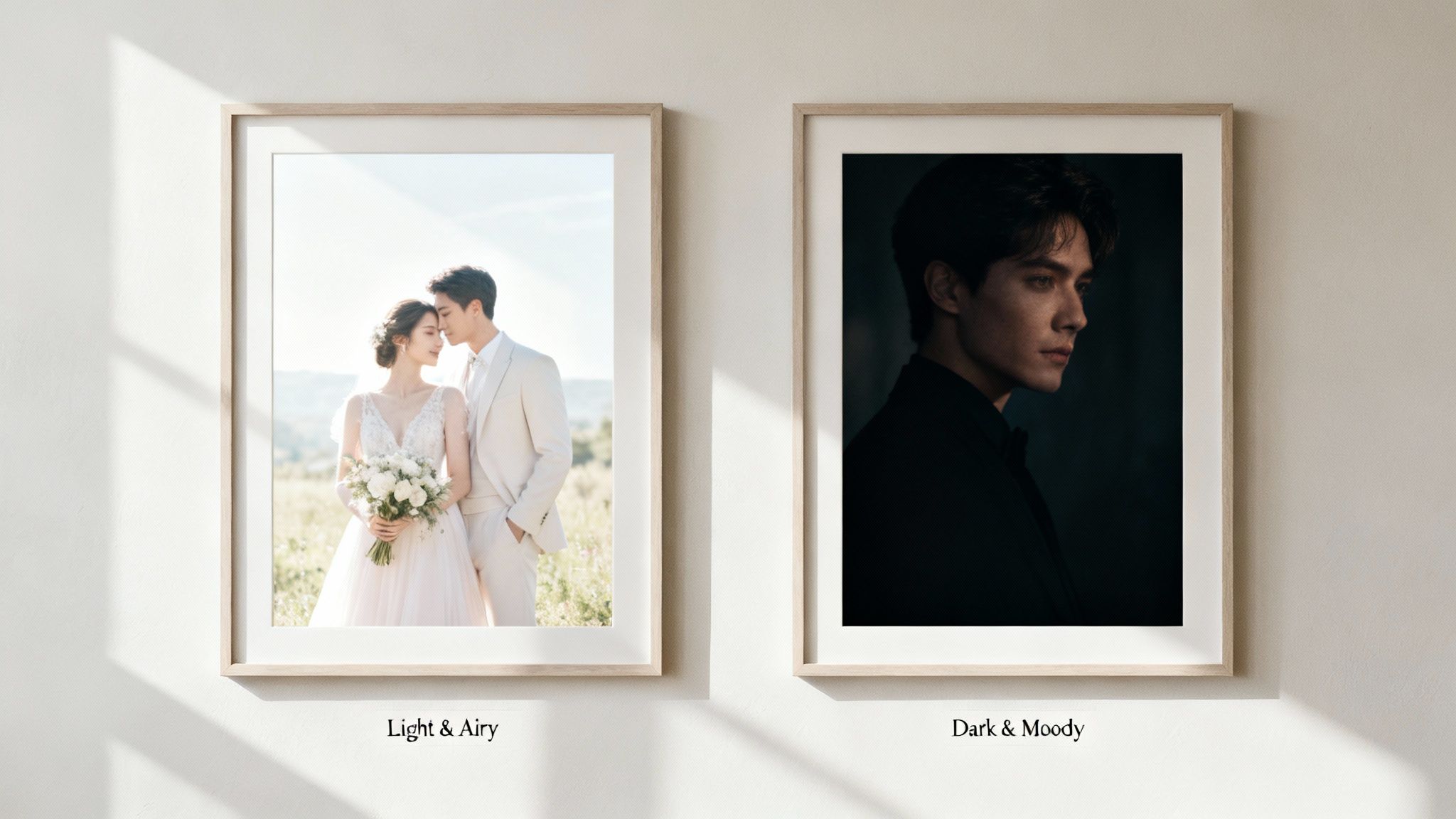 Two framed photos illustrating 'light & airy' wedding photography and 'dark & moody' portrait styles on a wall.
