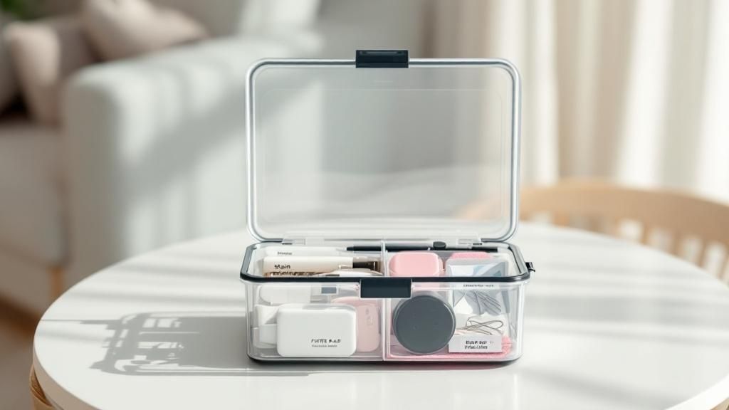 An organized wedding day emergency kit with items like stain remover, safety pins, and first aid supplies laid out neatly.