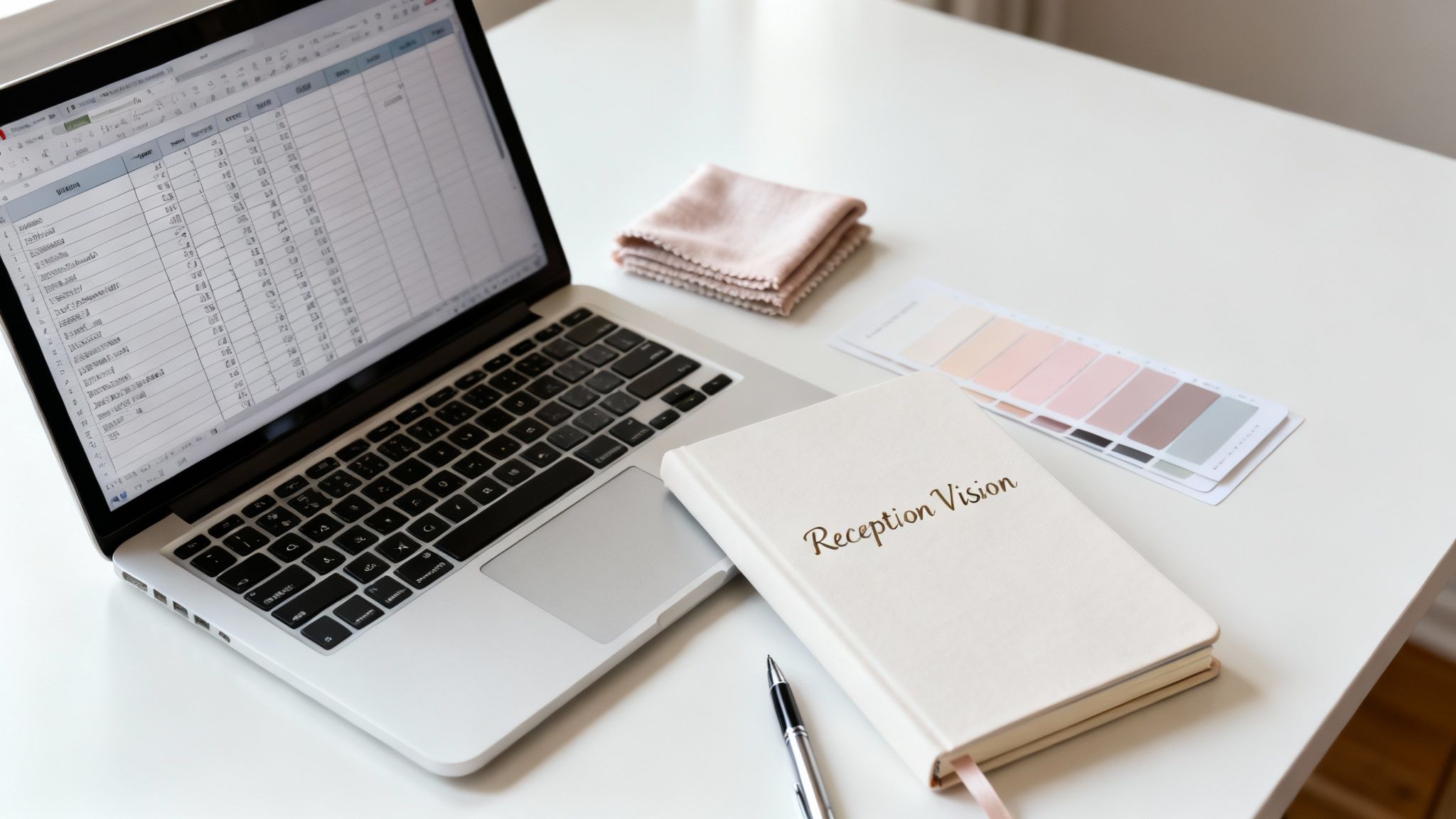Couple smiling at their beautiful wedding reception.