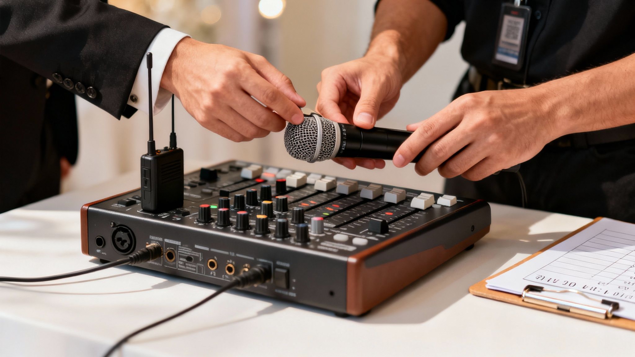 Two people setting up professional sound equipment, connecting a microphone to an audio mixer.