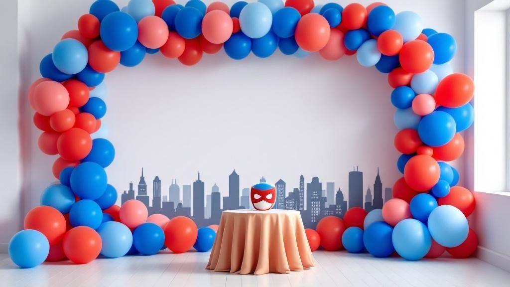 A beautifully decorated party setting with balloons and a themed backdrop.