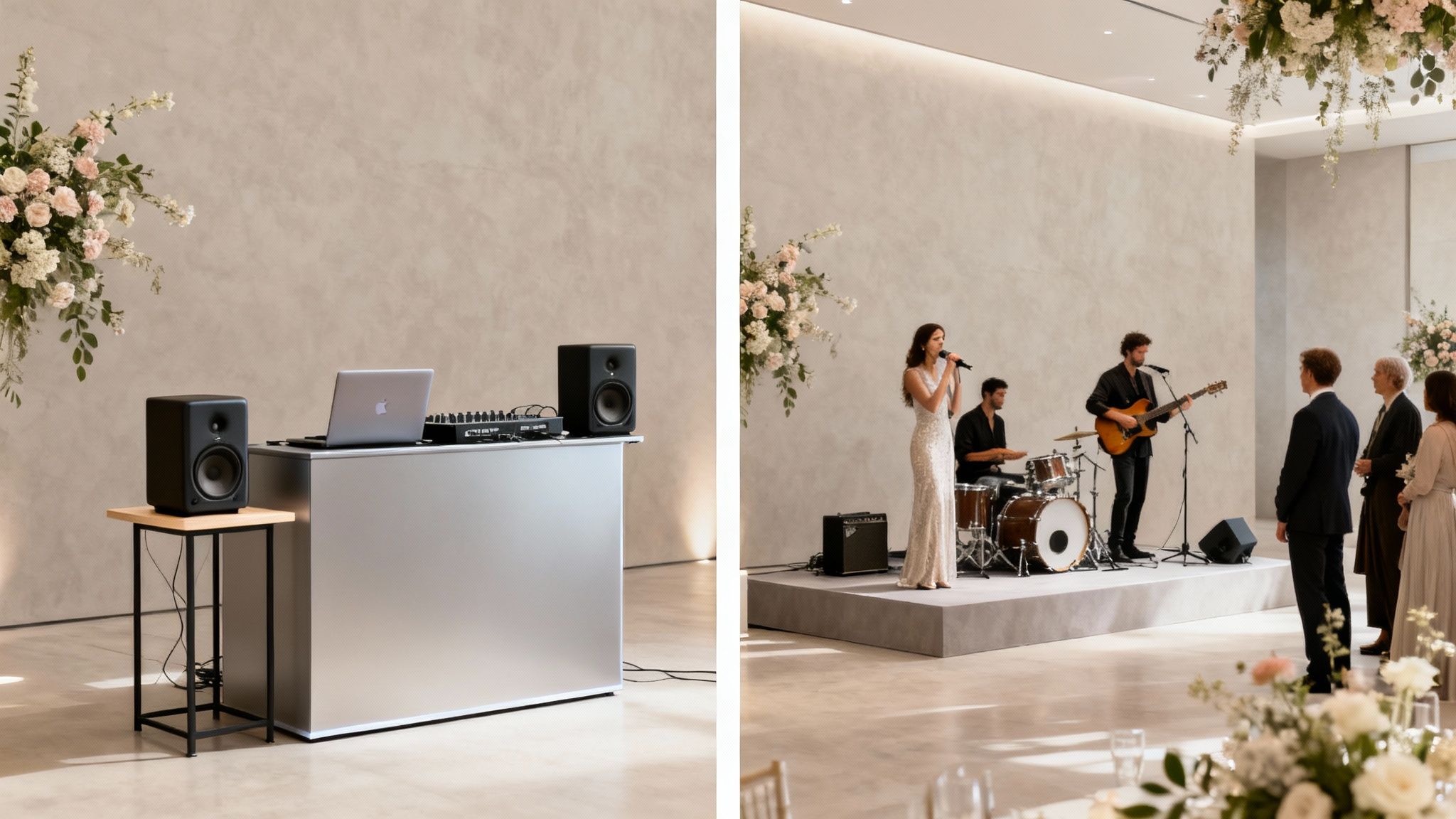 A wedding DJ at a turntable with a vibrant dance floor in the background