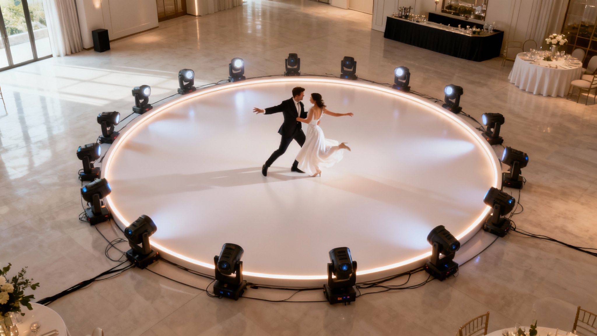 A bride and groom dancing gracefully on a circular illuminated stage surrounded by event lights in a grand hall.